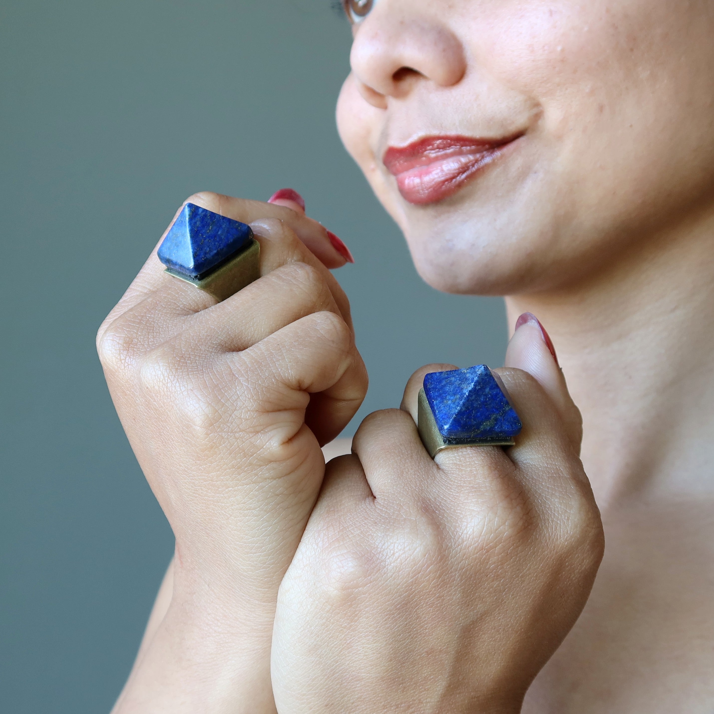 Lapis Lazuli Ring Blue Pharaoh Pyramid Gem Bronze Adjustable