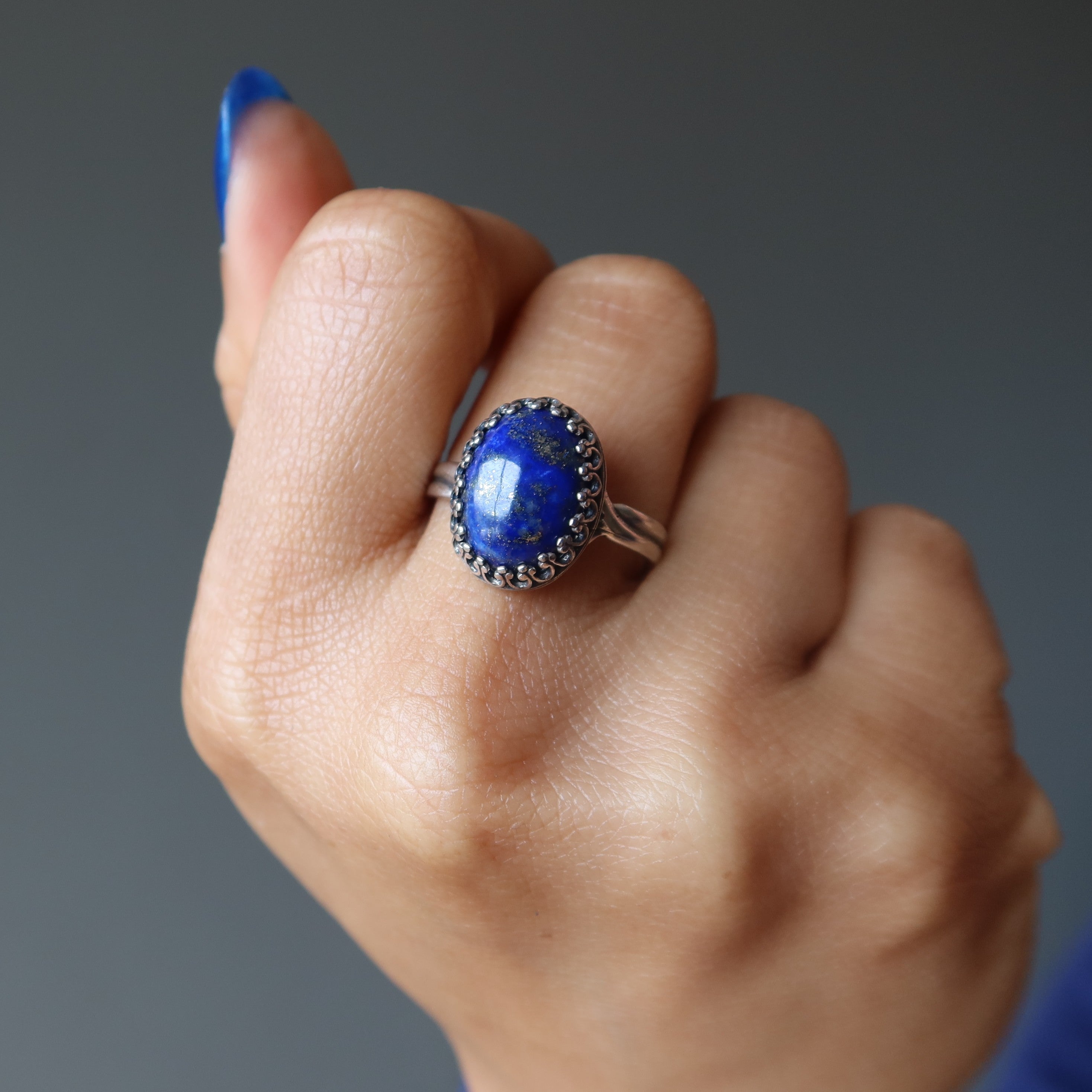 Lapis Lazuli Ring Royal Blue Oval Gemstone in Sterling Silver Adjustable
