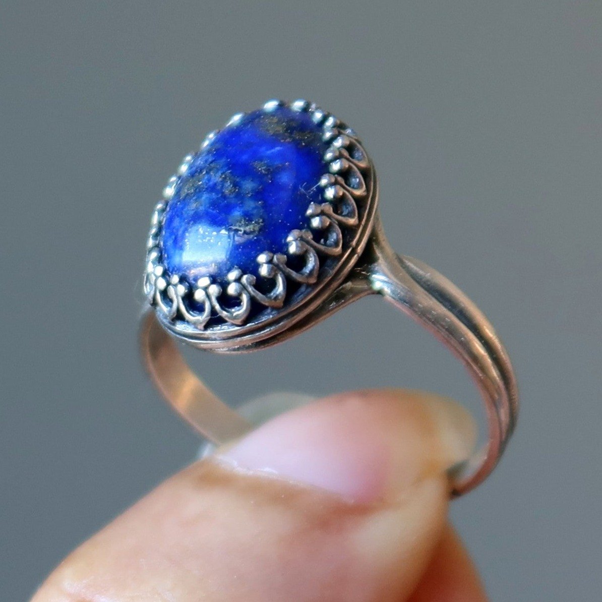Lapis Lazuli Ring Royal Blue Oval Gemstone in Sterling Silver Adjustable
