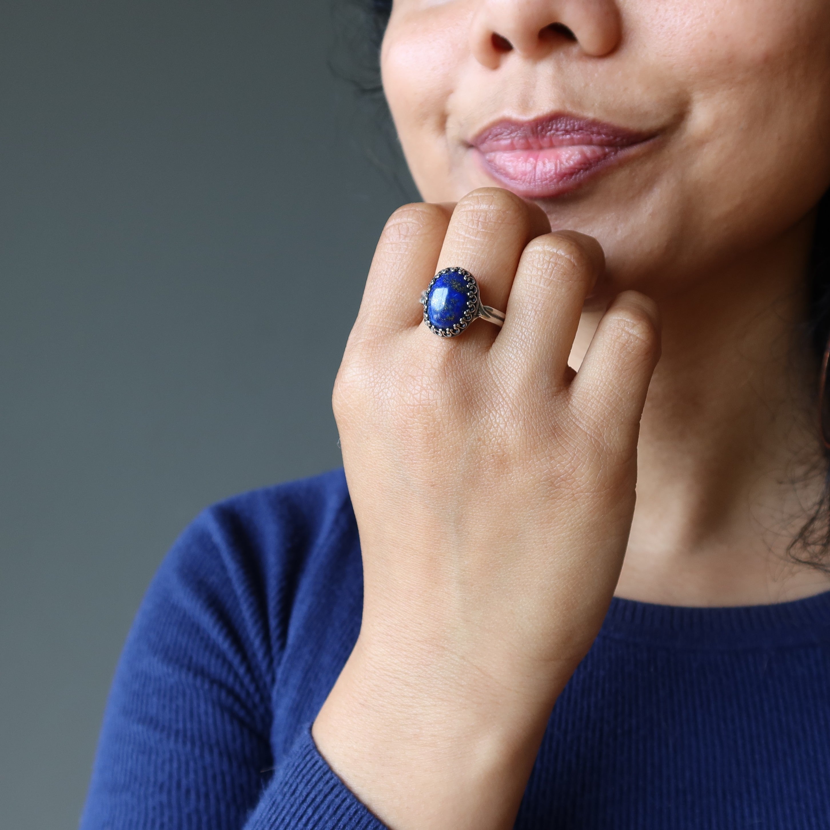 Lapis Lazuli Ring Royal Blue Oval Gemstone in Sterling Silver Adjustable