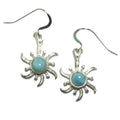 Larimar sun earrings in sterling silver with blue Caribbean gemstone centers on hook ear wires