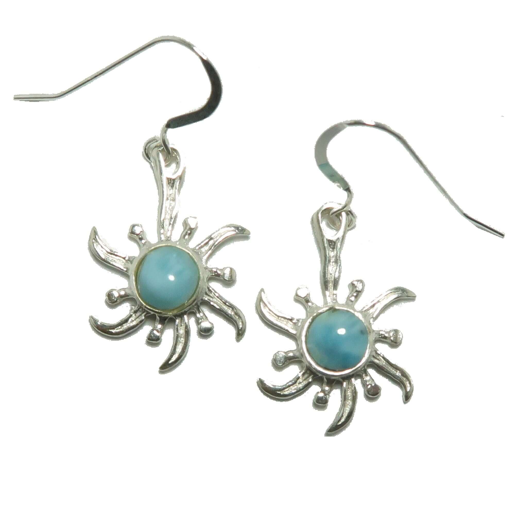 Larimar sun earrings in sterling silver with blue Caribbean gemstone centers on hook ear wires