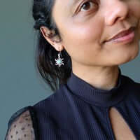 Larimar sun earrings in sterling silver worn with black top, showcasing blue gemstone dangle design