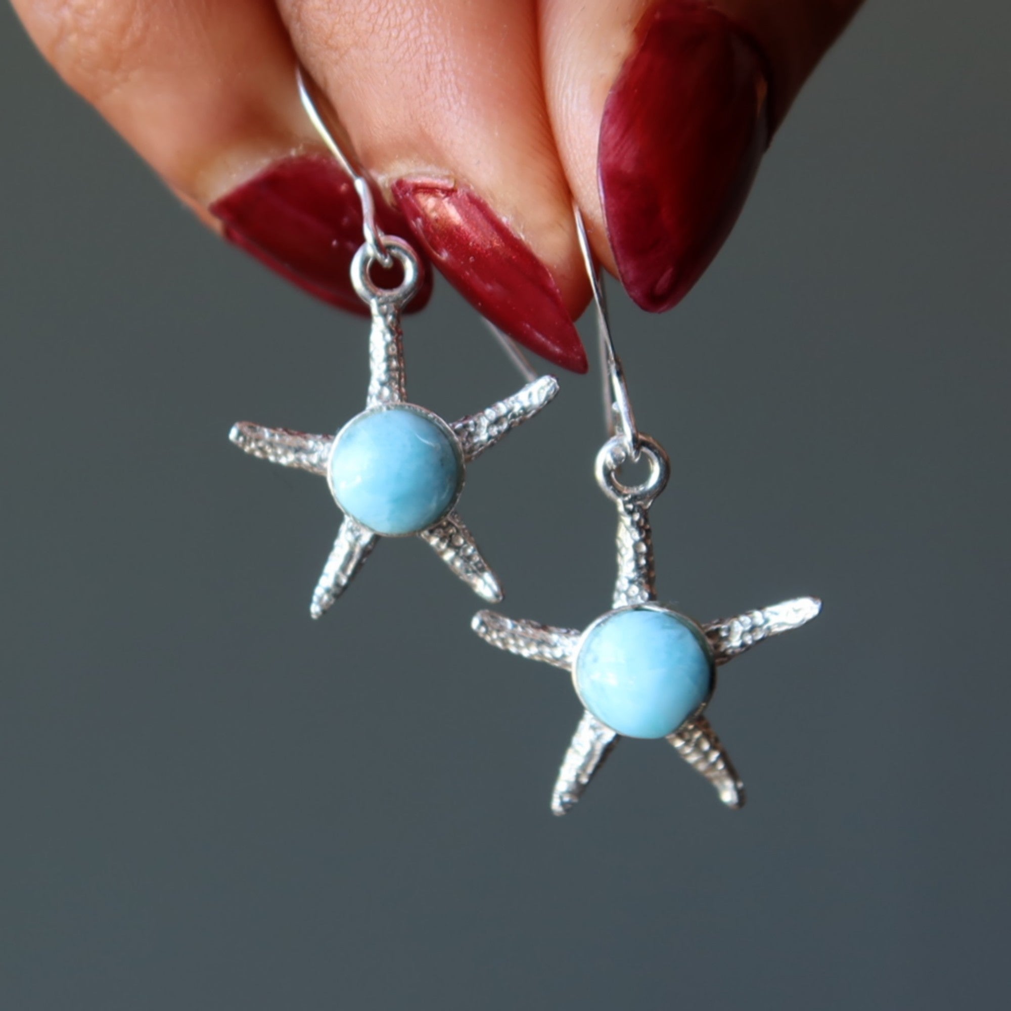 Boucles d'oreilles en larimar étoile de mer bleue pierre argent sterling
