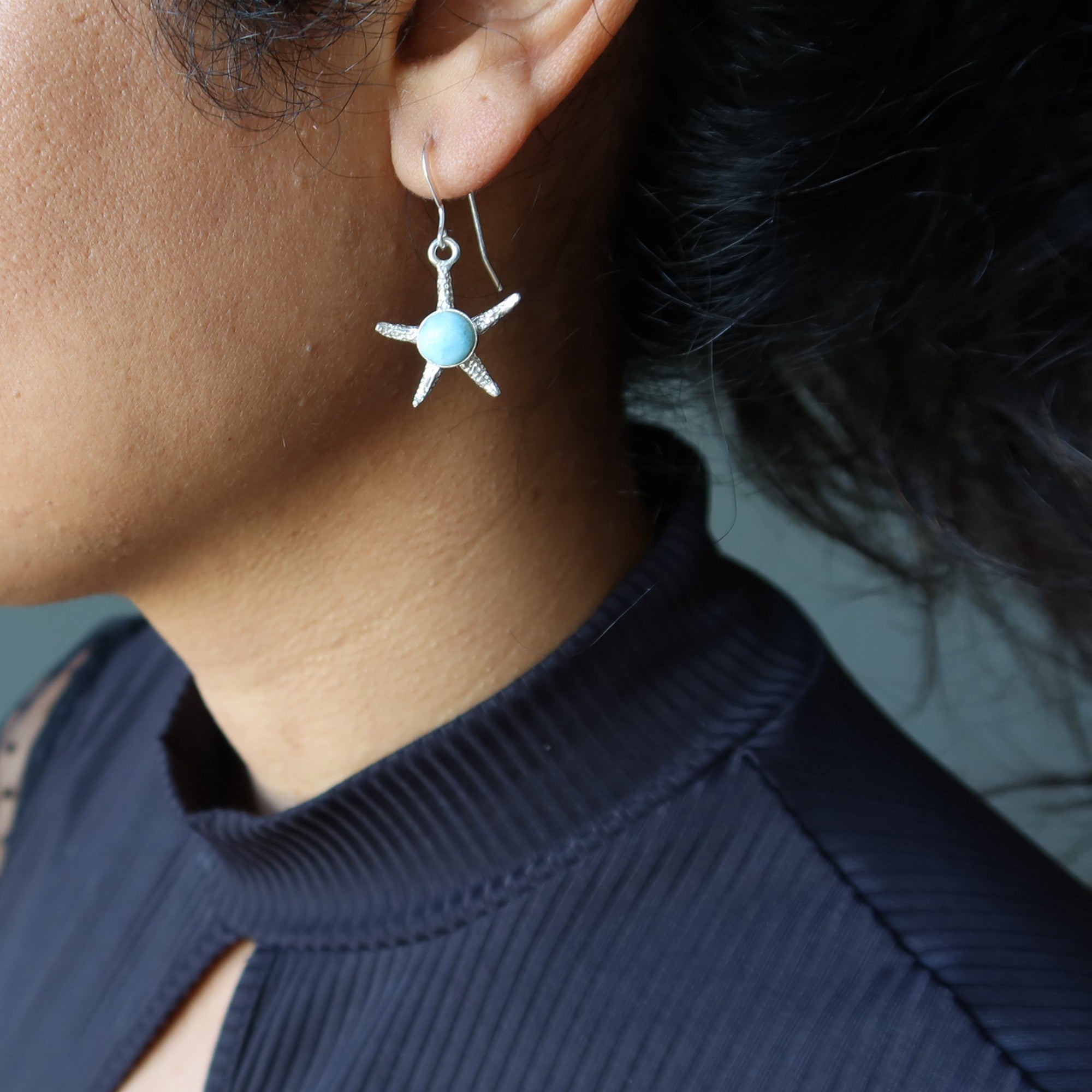 Boucles d'oreilles en larimar étoile de mer bleue pierre argent sterling