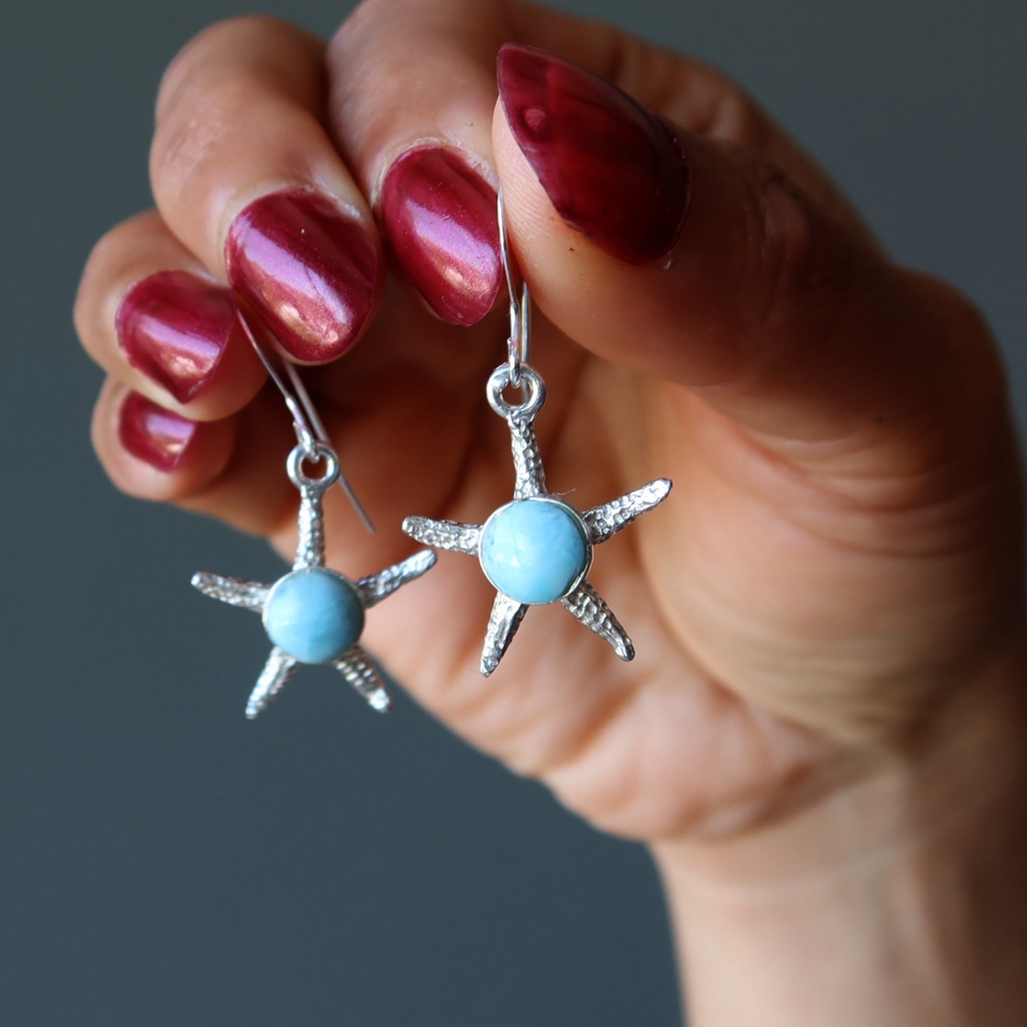 Boucles d'oreilles en larimar étoile de mer bleue pierre argent sterling
