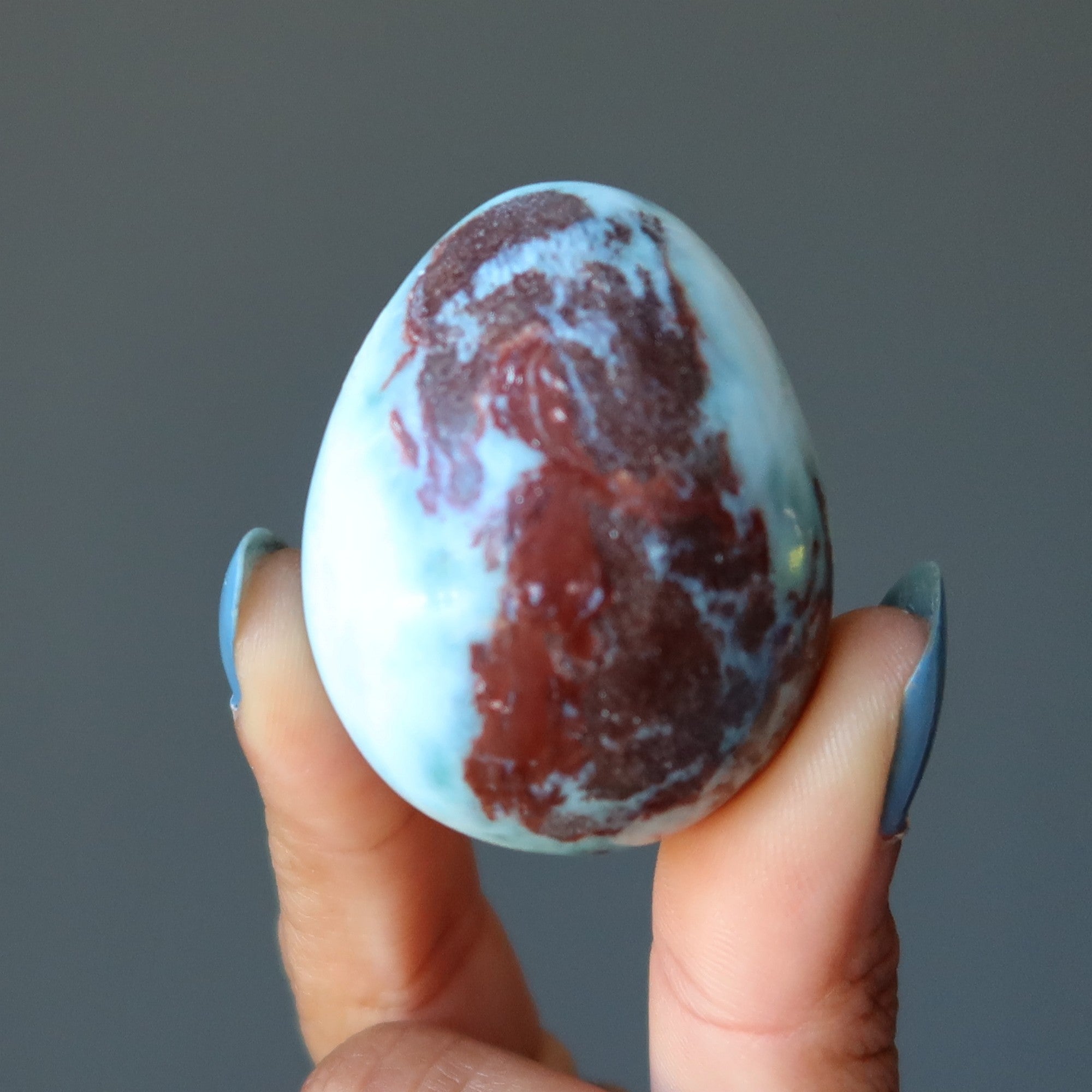 Larimar Egg Red Hematite Fire Phoenix Rising on Blue Gemstone