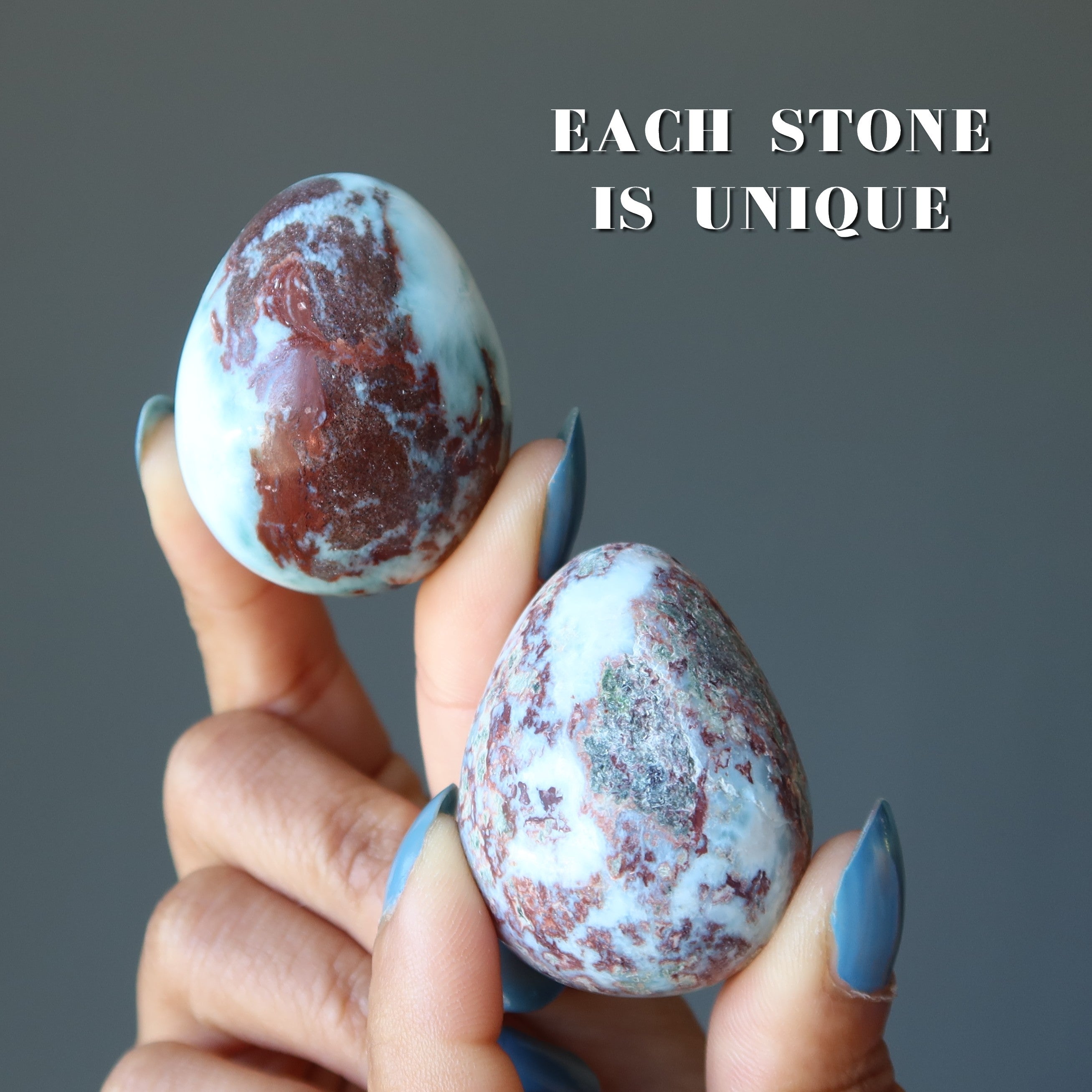 Larimar Egg Red Hematite Fire Phoenix Rising on Blue Gemstone