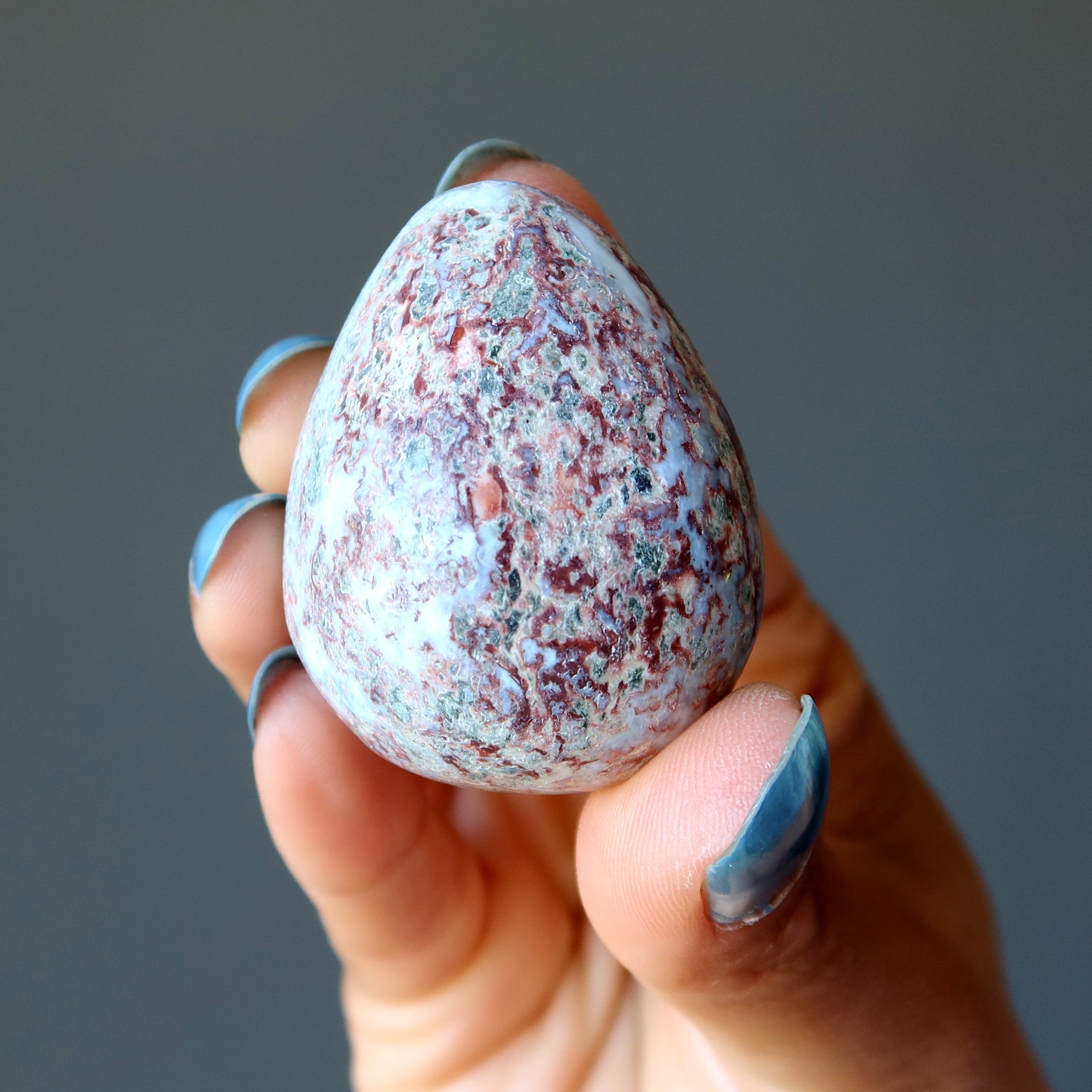 Larimar Egg Red Hematite Fire Phoenix Rising on Blue Gemstone