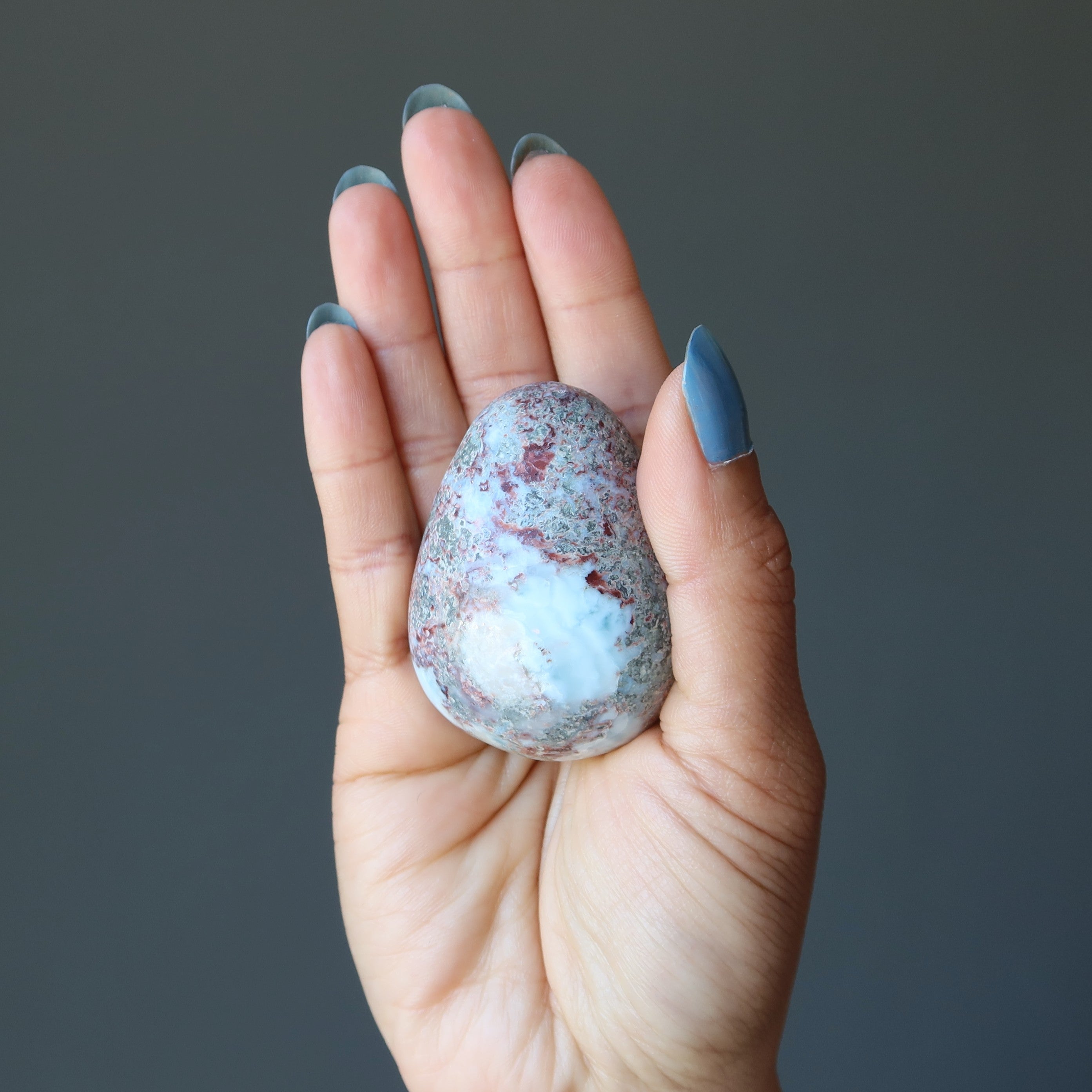 Larimar Egg Red Hematite Fire Phoenix Rising on Blue Gemstone