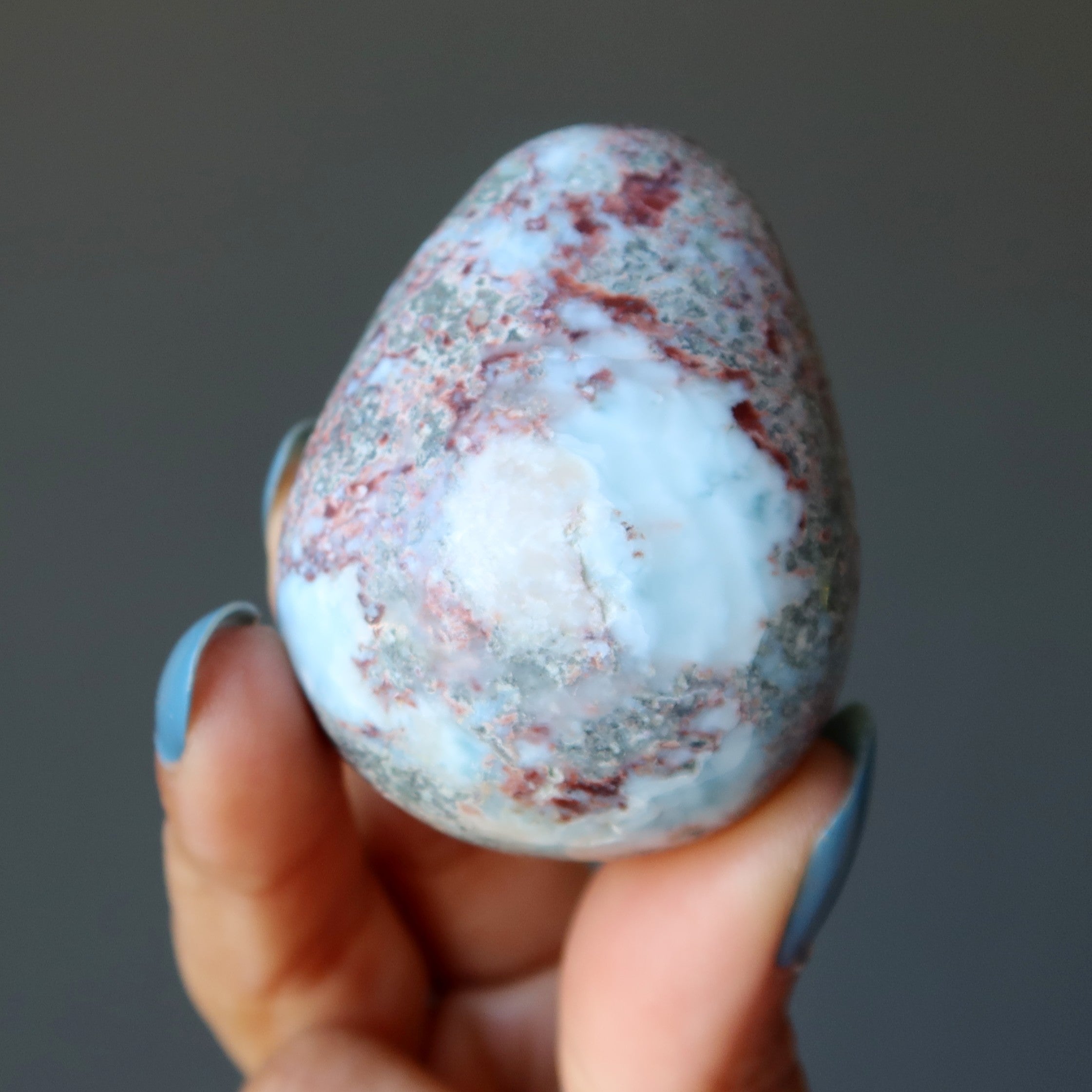 Larimar Egg Red Hematite Fire Phoenix Rising on Blue Gemstone