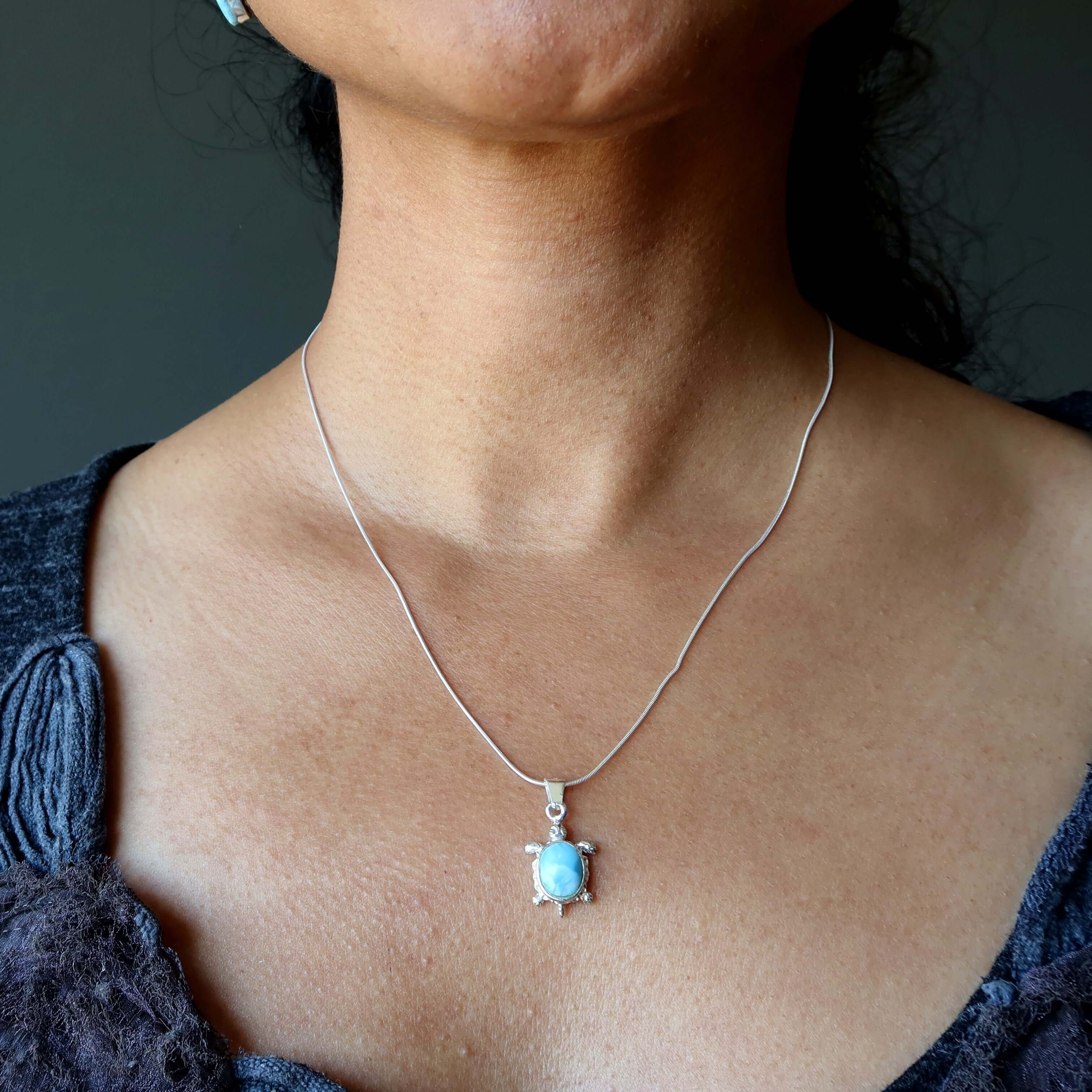 Larimar Necklace Happy Blue Sea Turtle Sterling Silver
