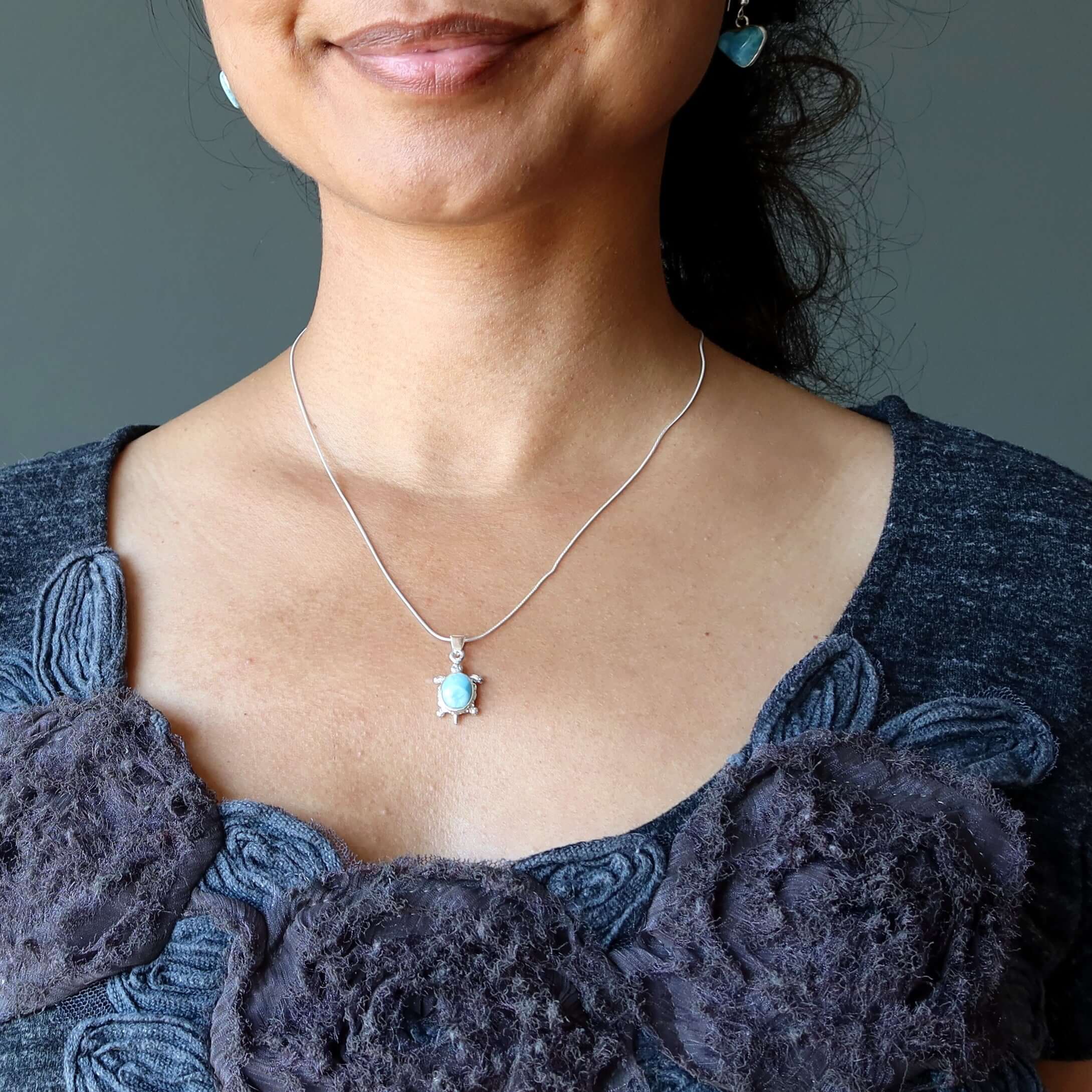 Larimar Necklace Happy Blue Sea Turtle Sterling Silver