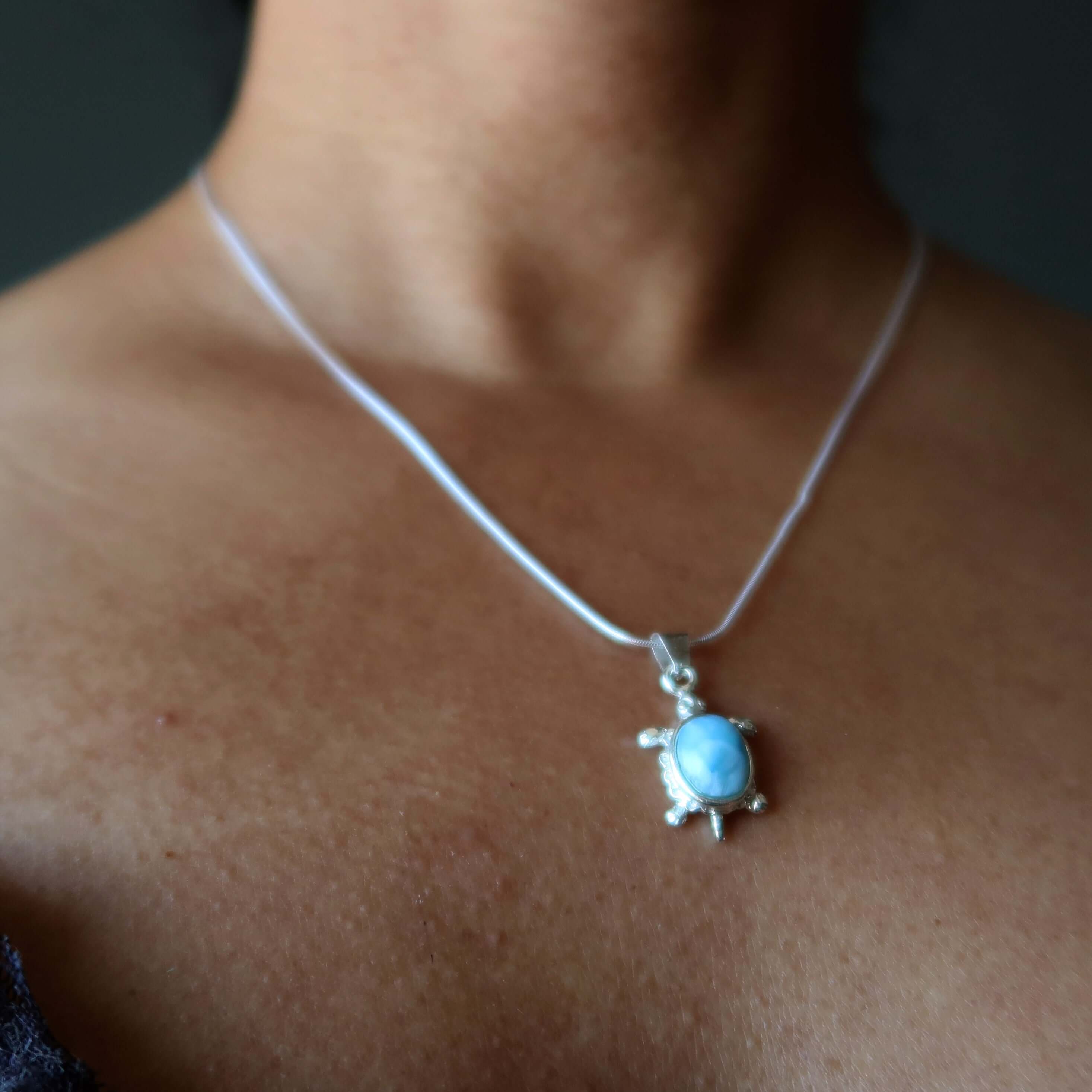 Larimar Necklace Happy Blue Sea Turtle Sterling Silver
