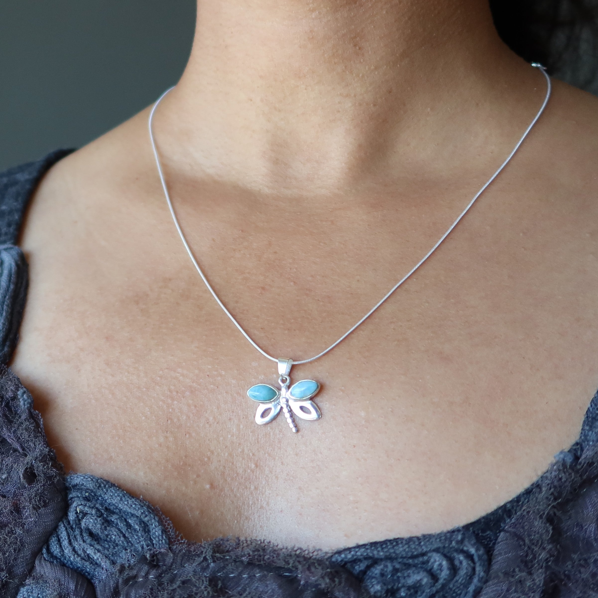 Larimar Necklace Dragonfly Song Blue Sterling Silver