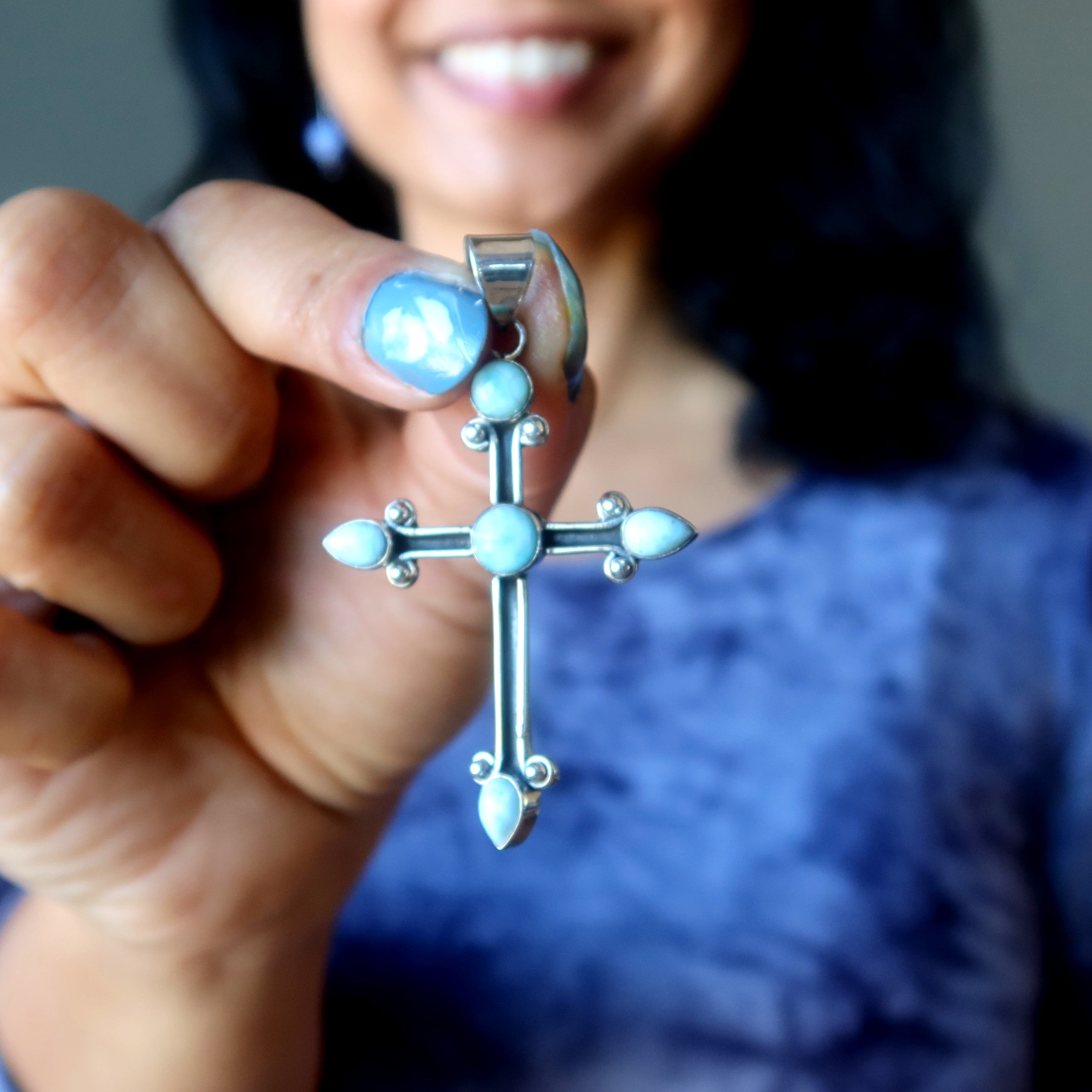 Pendentif Larimar Croix Céleste en Argent Sterling Bleu