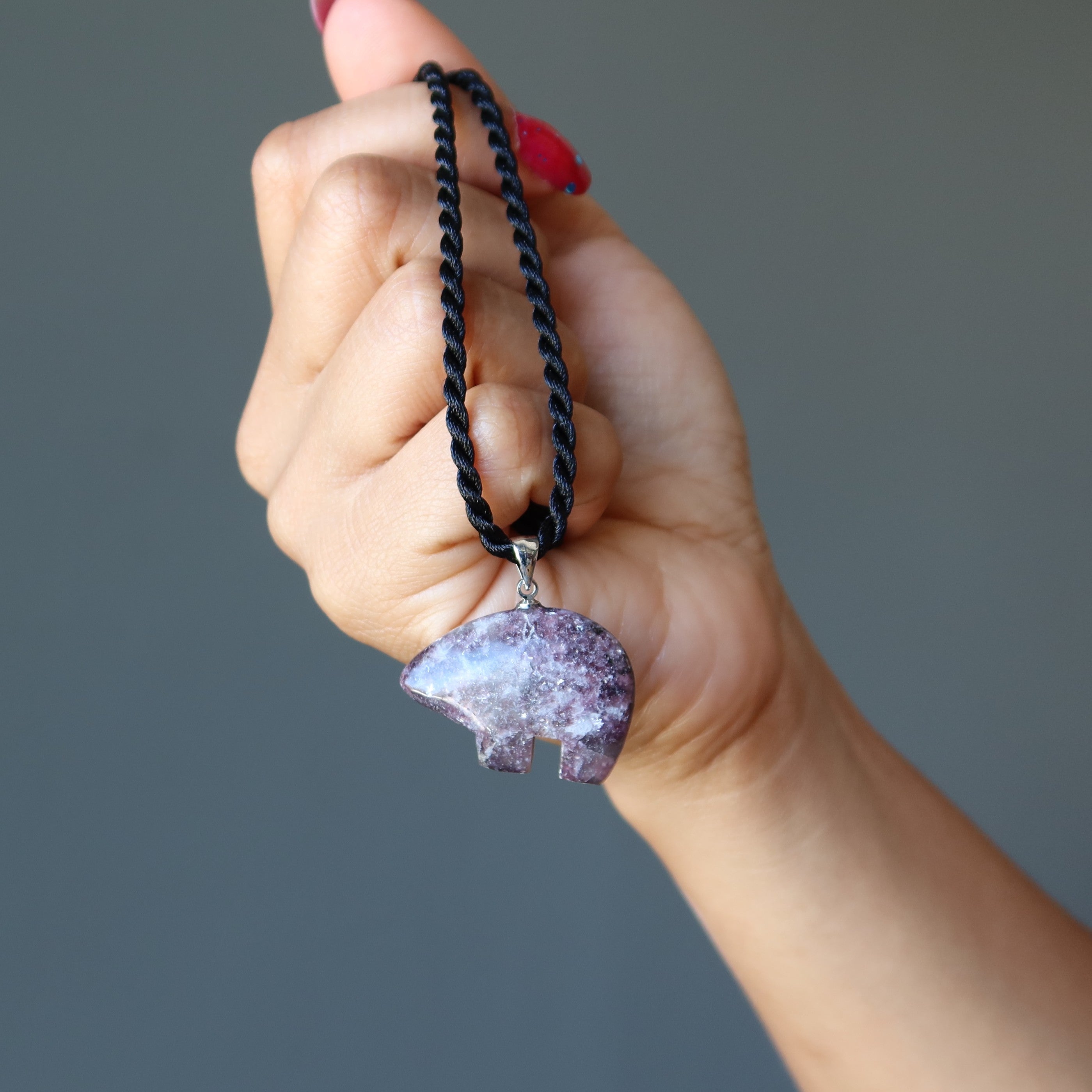 Lepidolith-Halskette, lila Bär, Edelstein, Schwarz verdreht