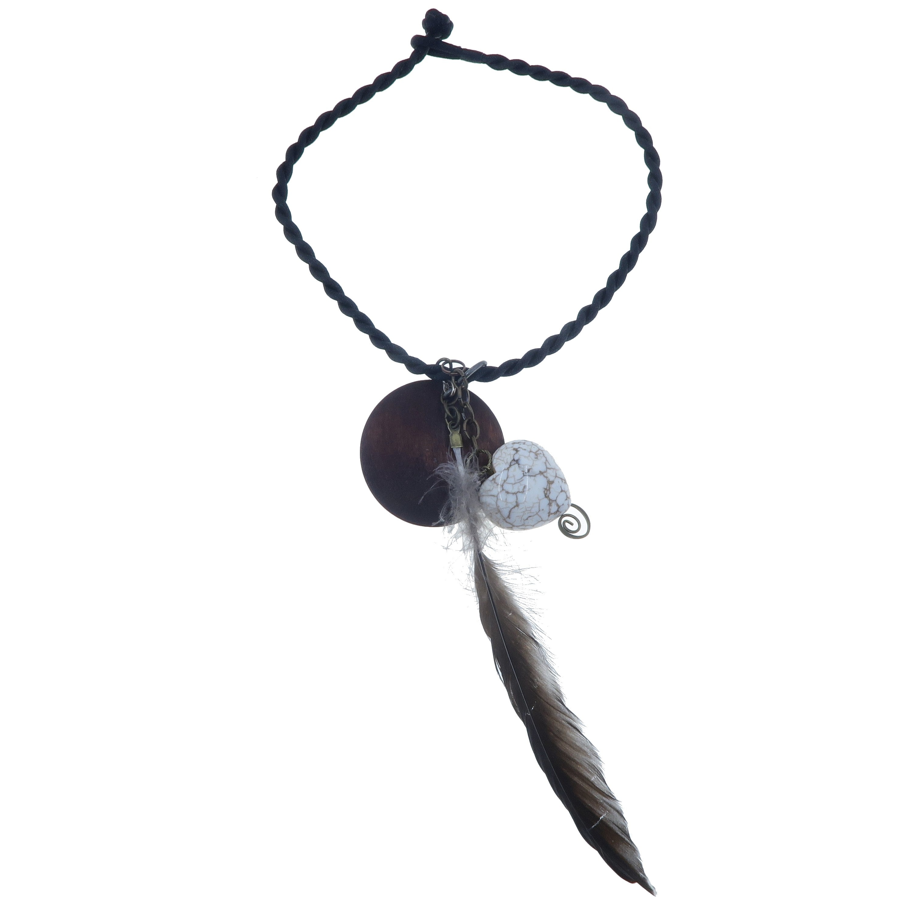 Magnesite Necklace Feather Heart Stone Brown Wood