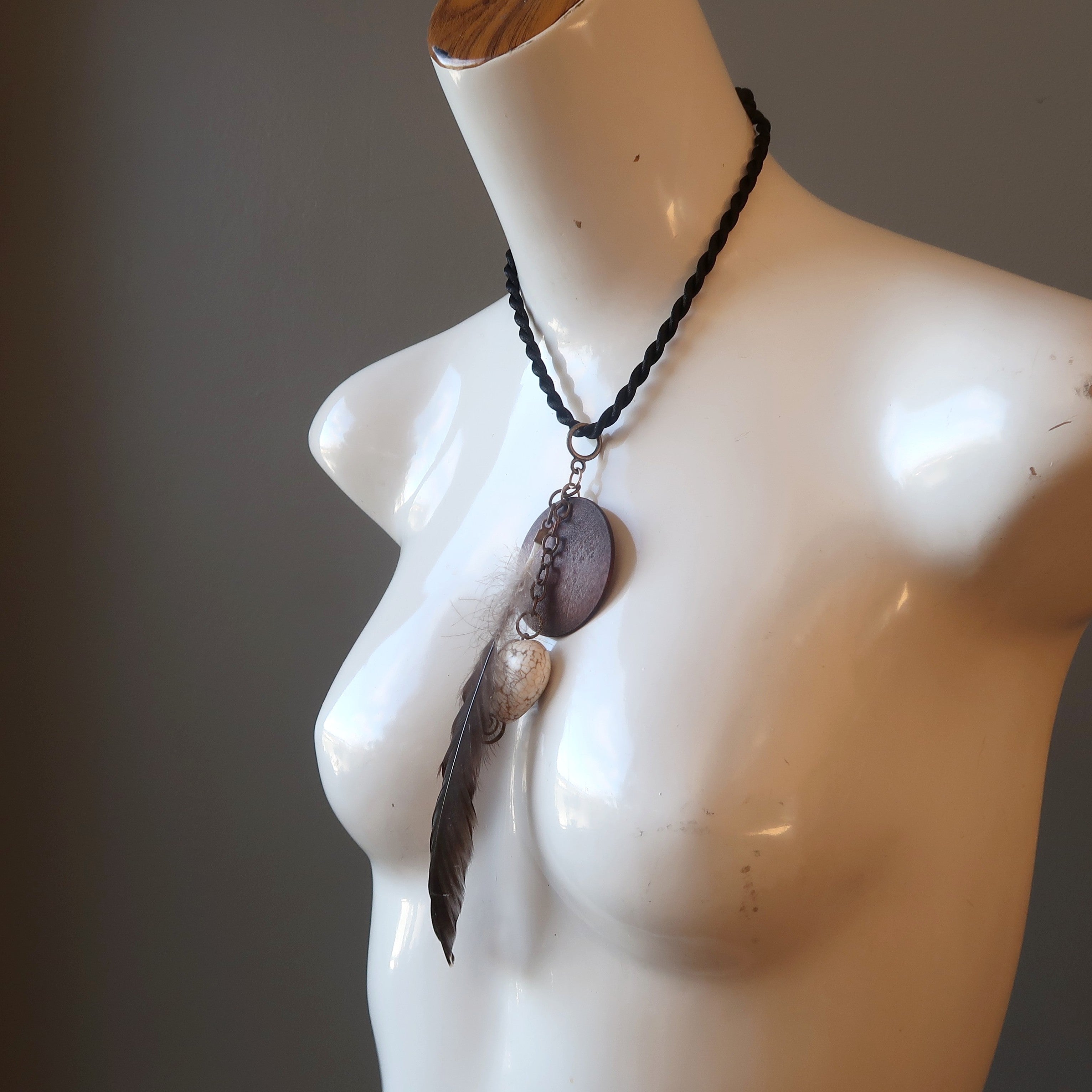 Magnesite Necklace Feather Heart Stone Brown Wood