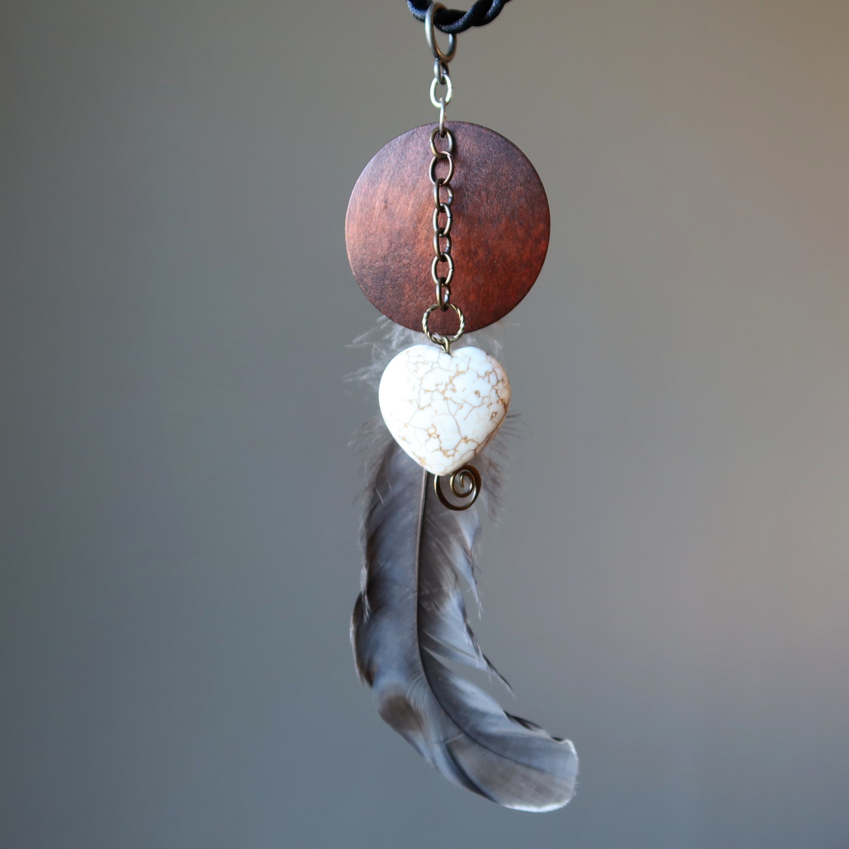 Magnesite Necklace Feather Heart Stone Brown Wood