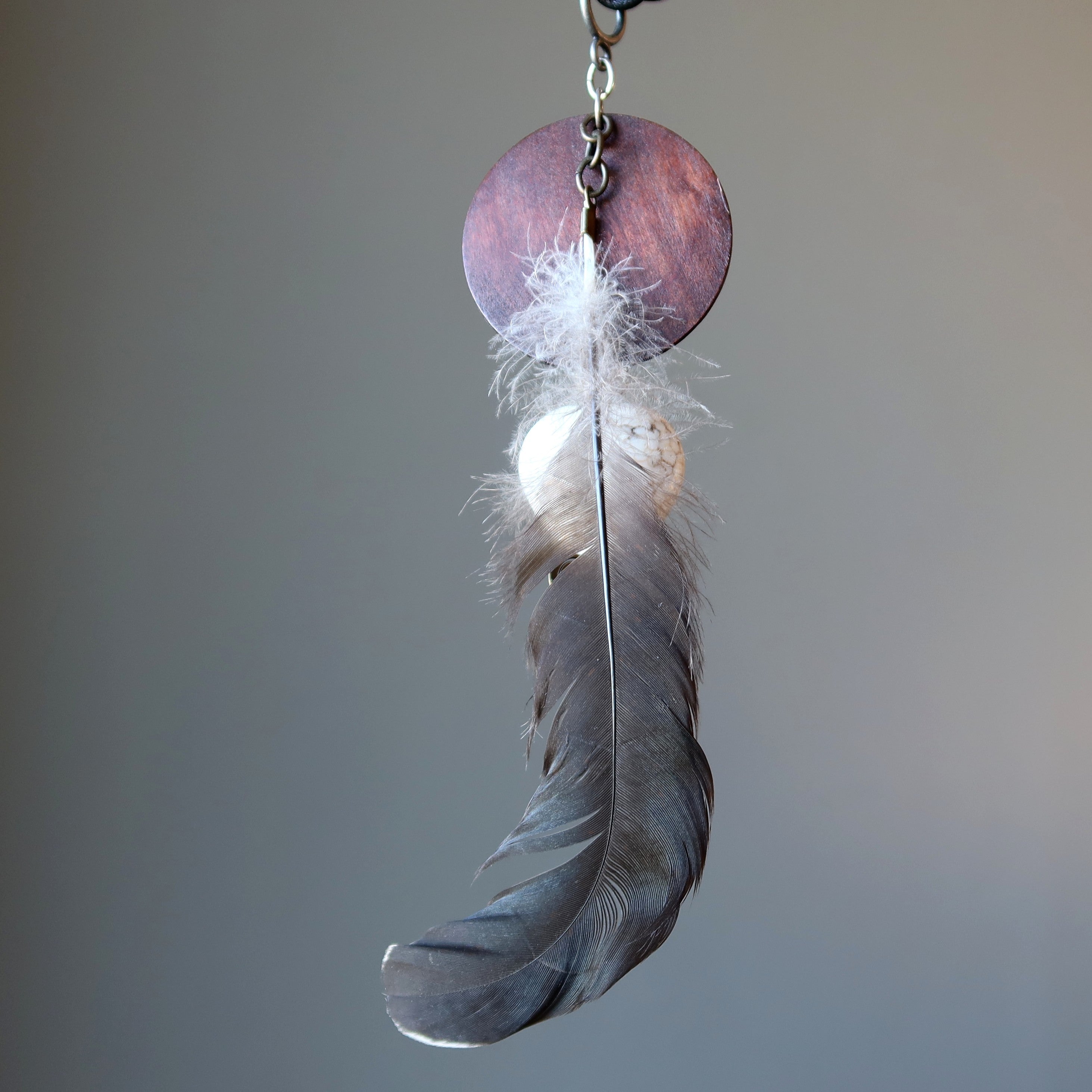 Magnesite Necklace Feather Heart Stone Brown Wood