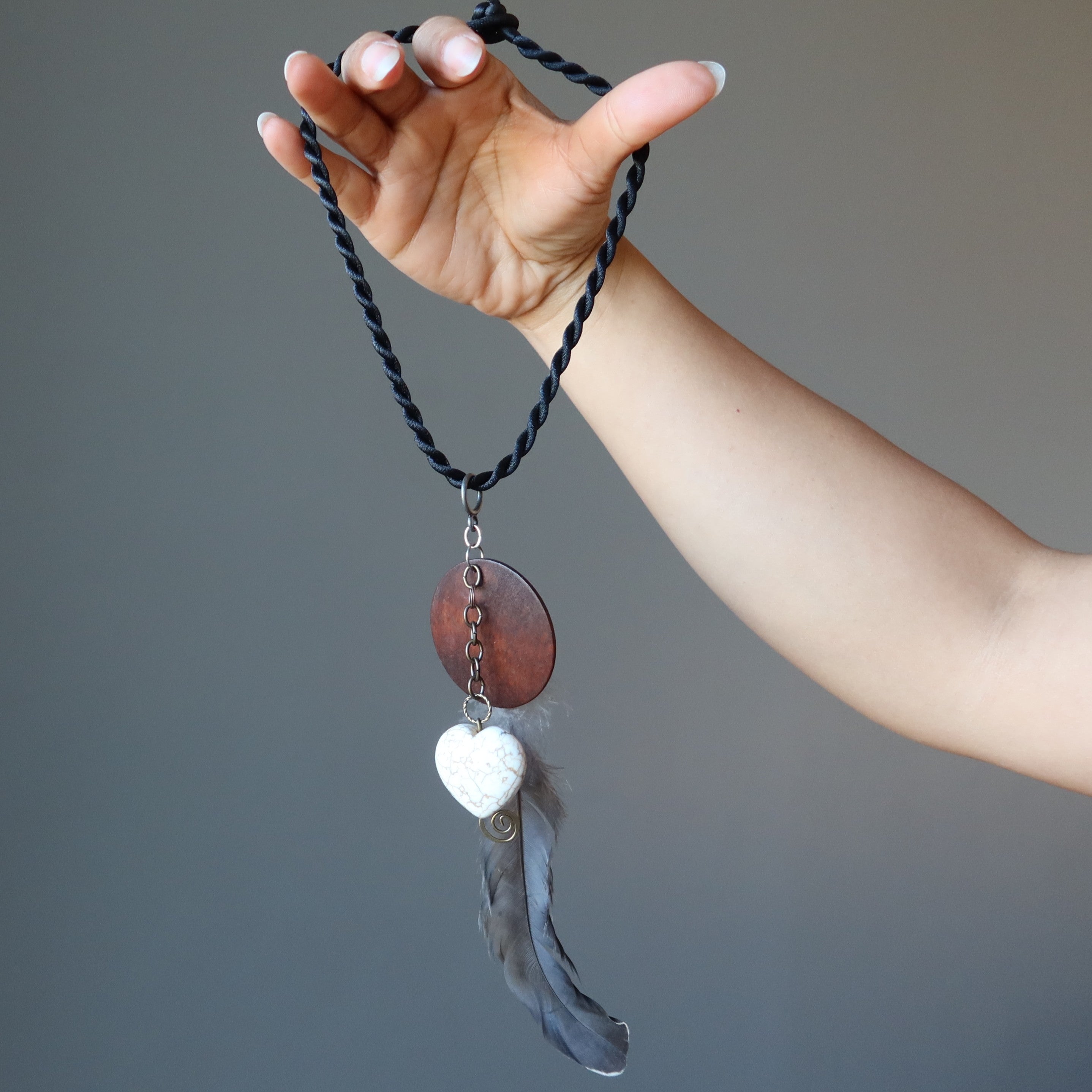 Magnesite Necklace Feather Heart Stone Brown Wood
