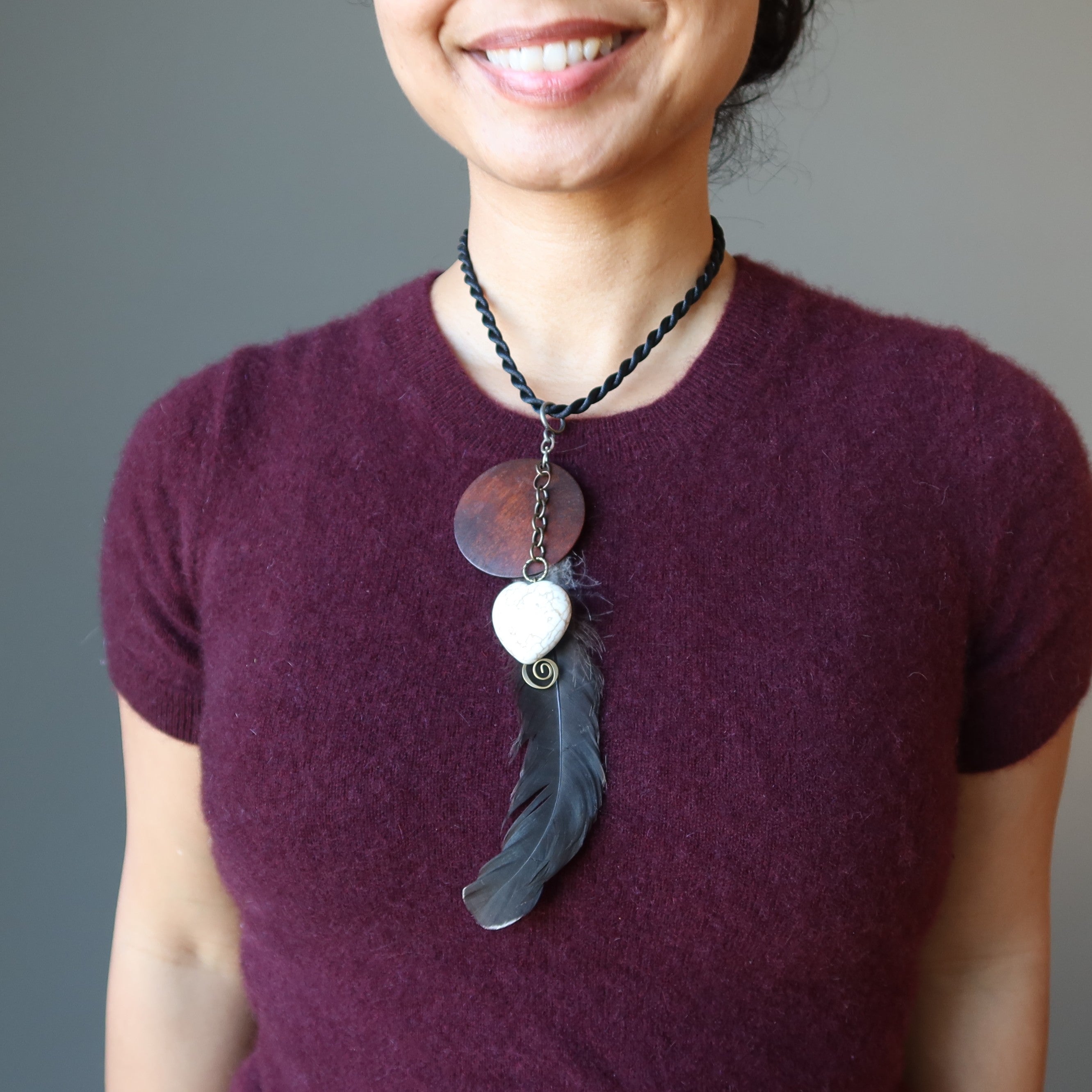 Magnesite Necklace Feather Heart Stone Brown Wood