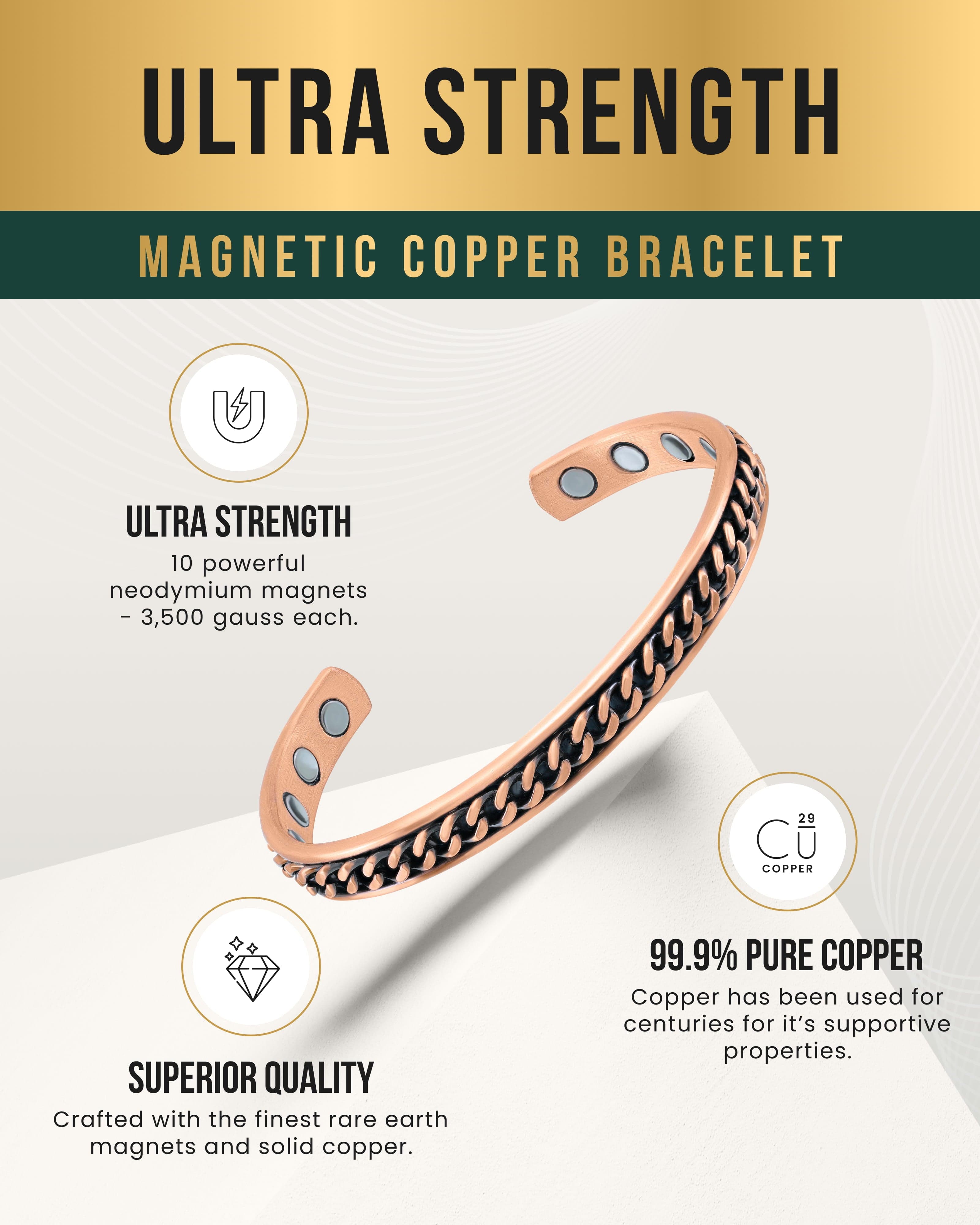 Kupferarmband mit Panzerketten-Intarsie, Magnetfeldtherapie für Damen und Herren
