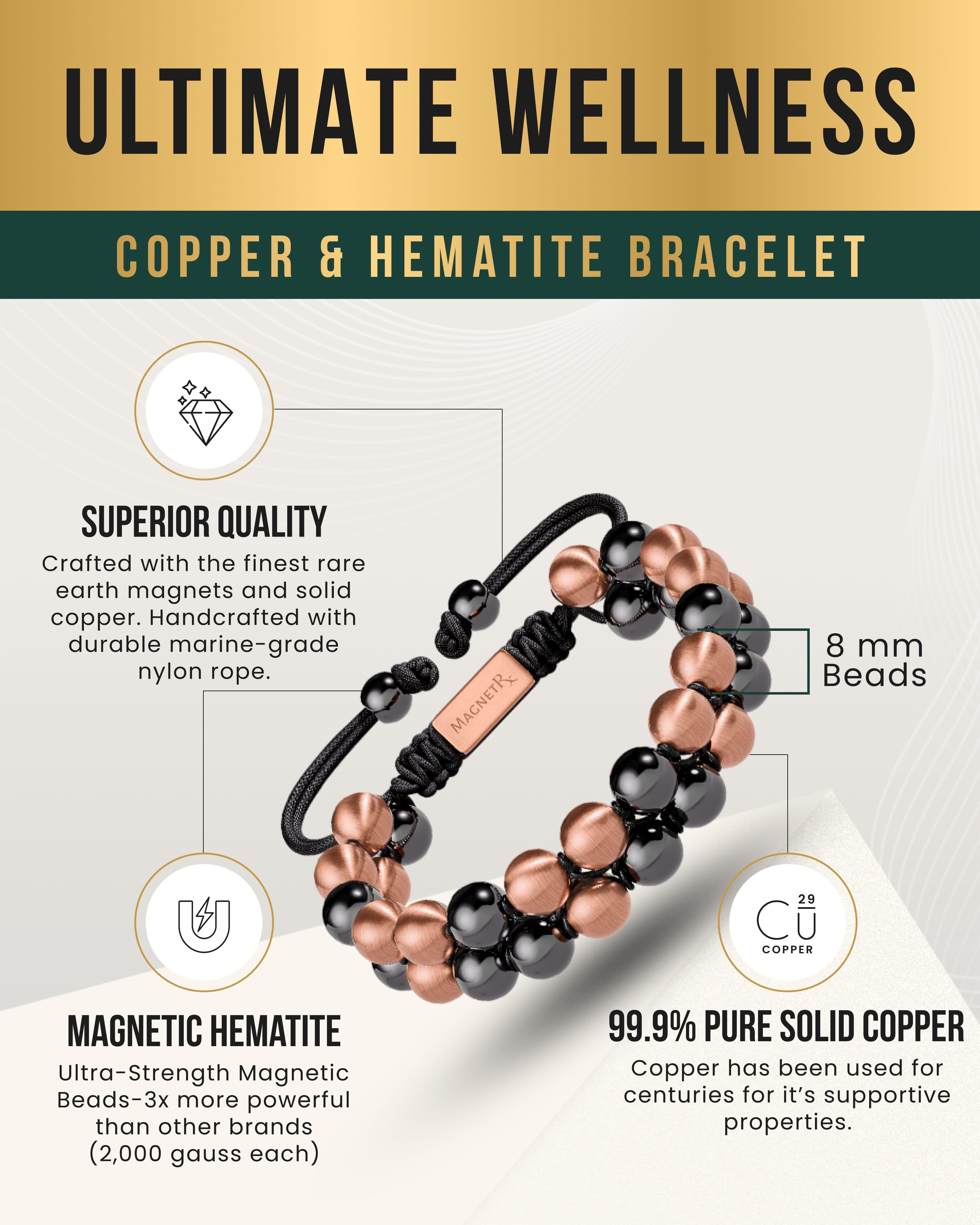 Bracelet de force magnétique maximale en hématite et cuivre (Double rangée)