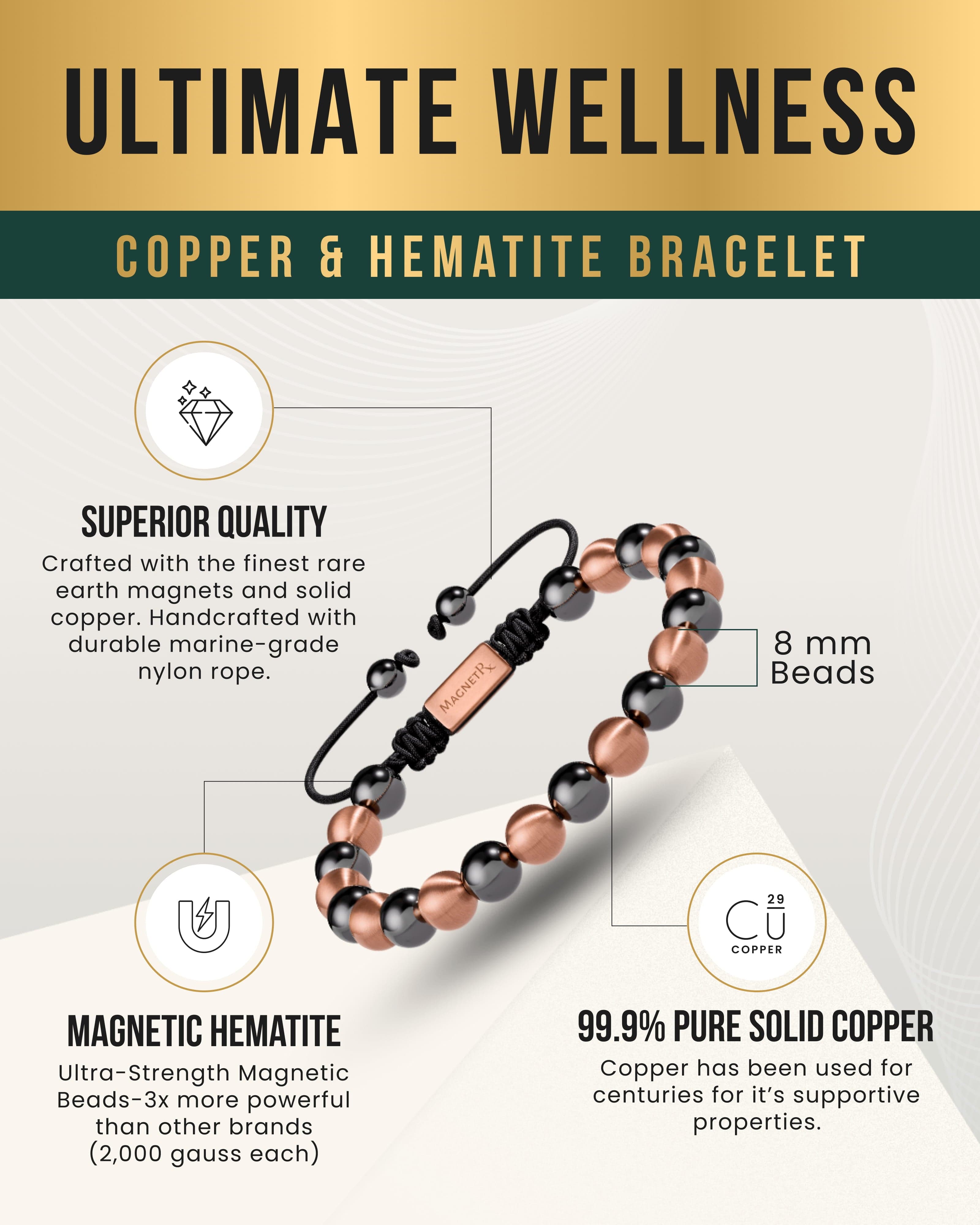 Bracelet magnétique en hématite et cuivre (simple rangée) - Force MAX