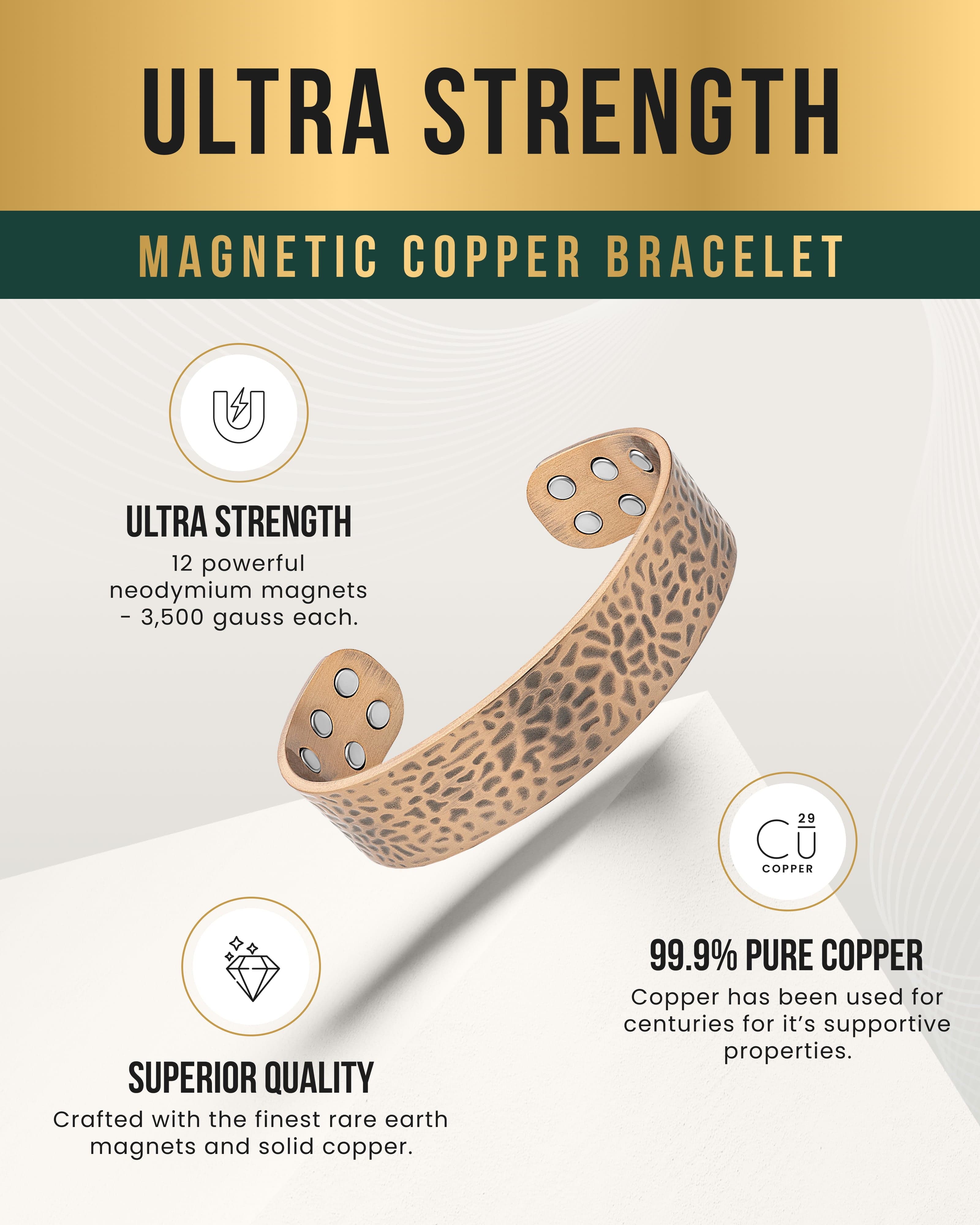 Magnetarmband mit Mega-Stärke, breite gehämmerten Kupfermanschette