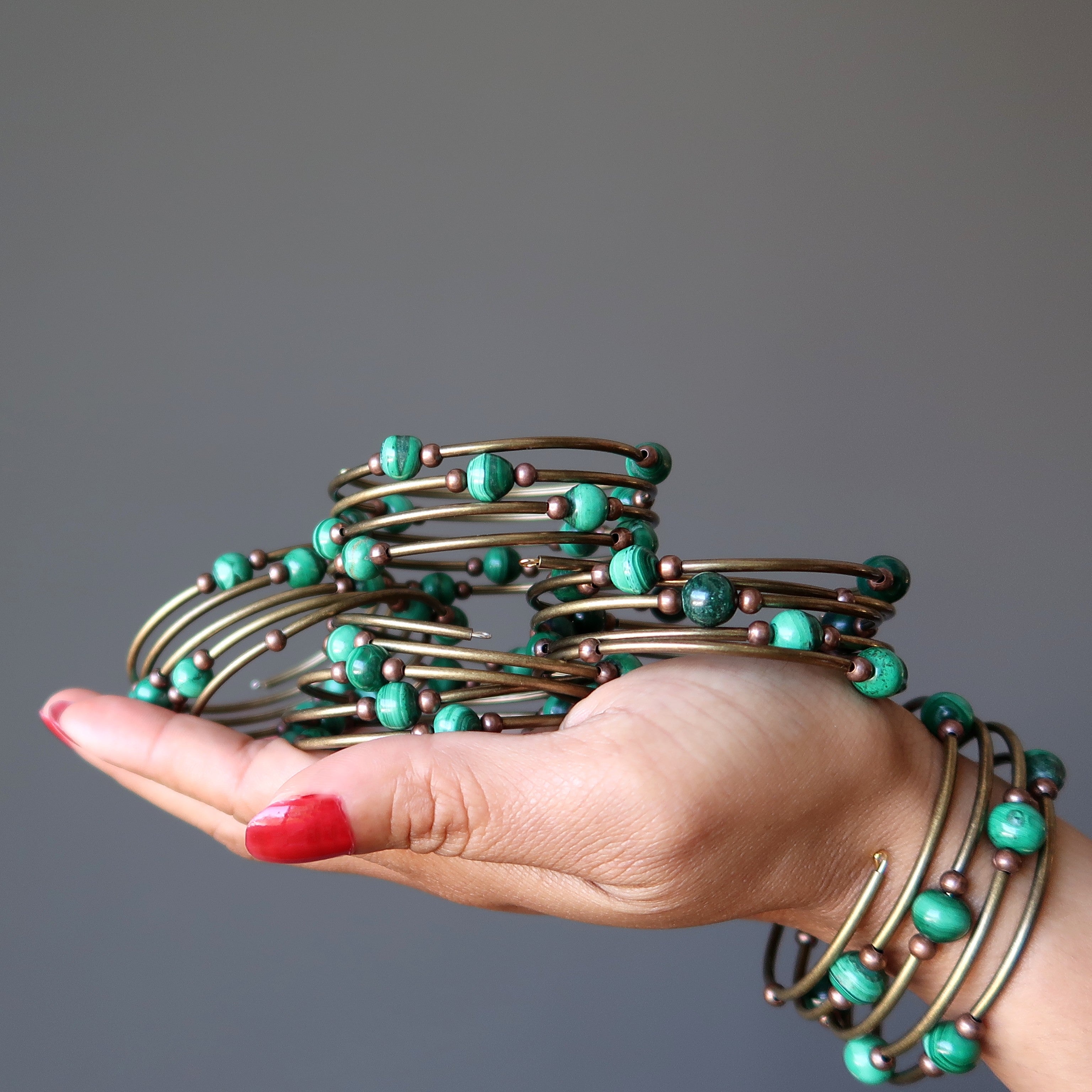 Malachite Bracelet Love Accordion Memory Wire Coil