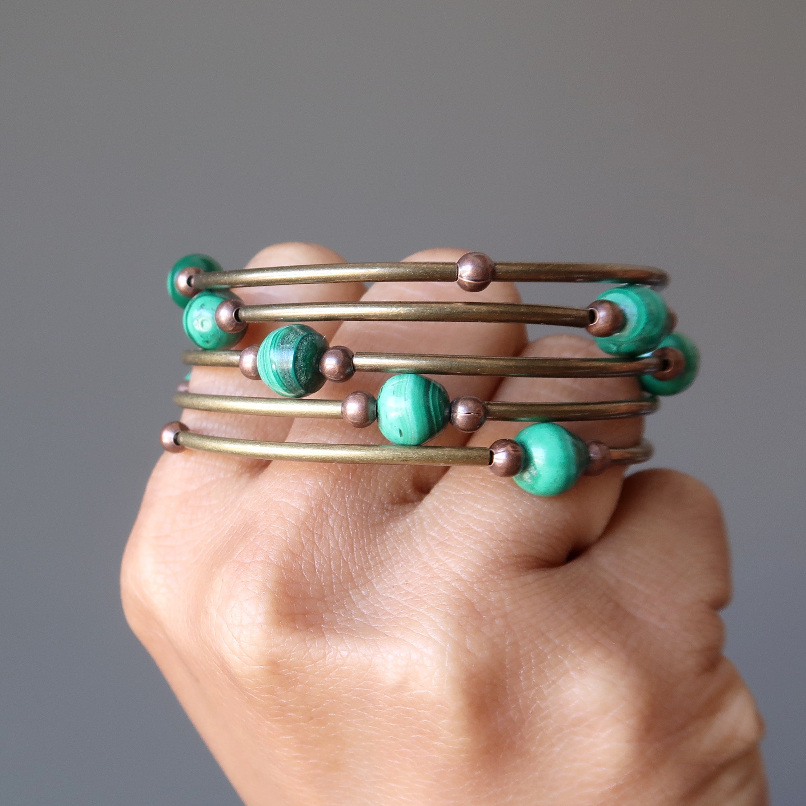 Malachite Bracelet Love Accordion Memory Wire Coil