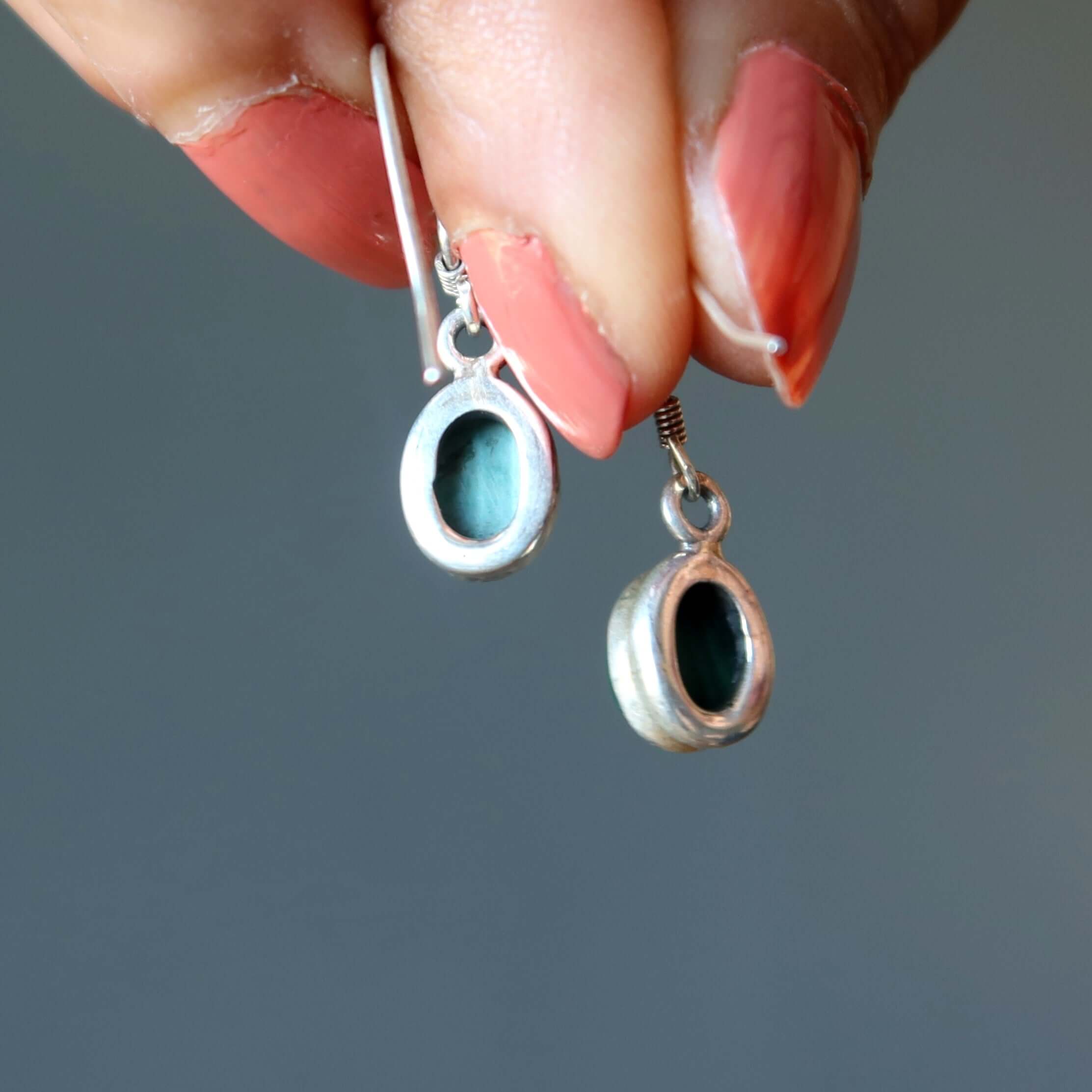 Boucles d'oreilles pendantes ovales en malachite, argent sterling