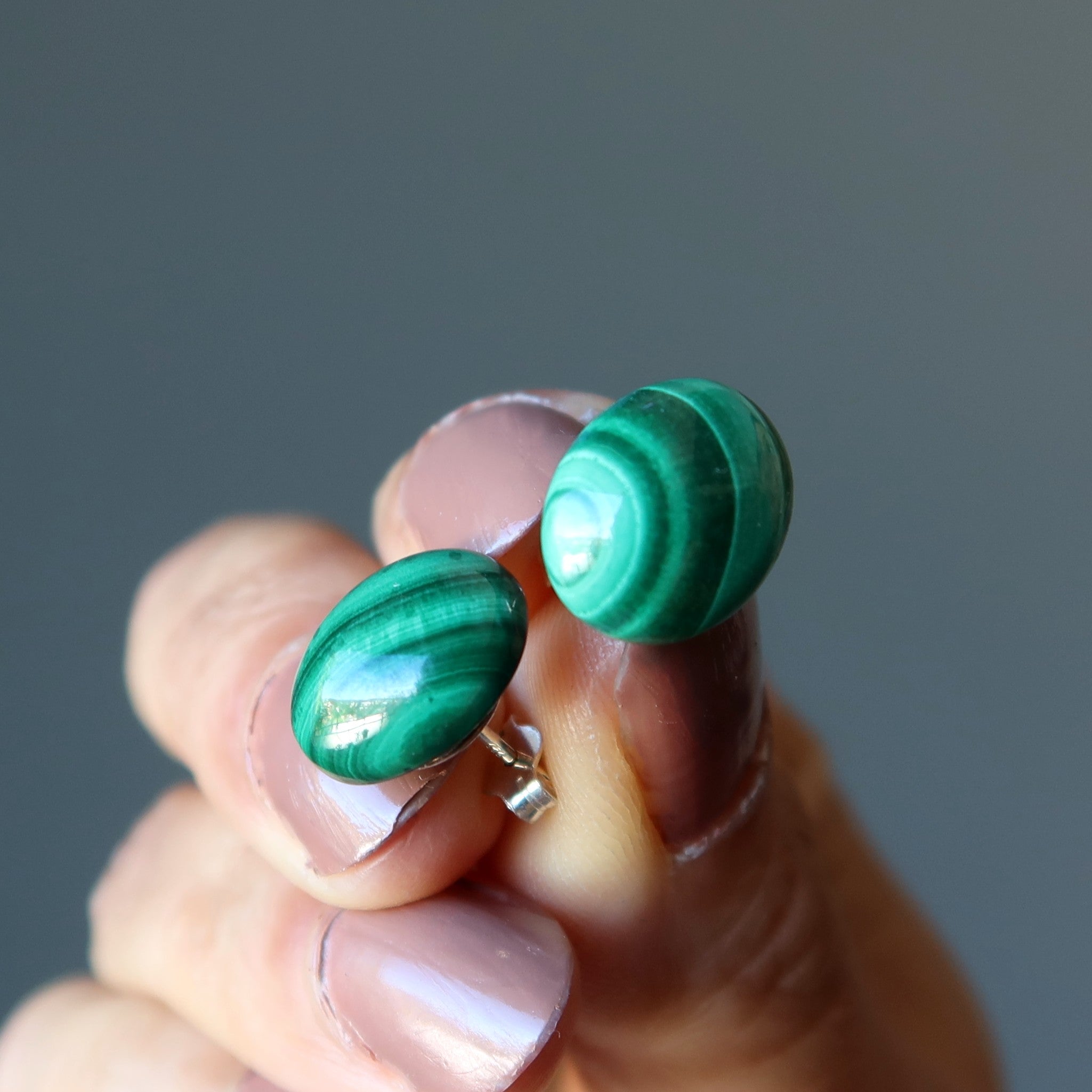 Malachite Earrings Power Stone Oval Studs Sterling Silver