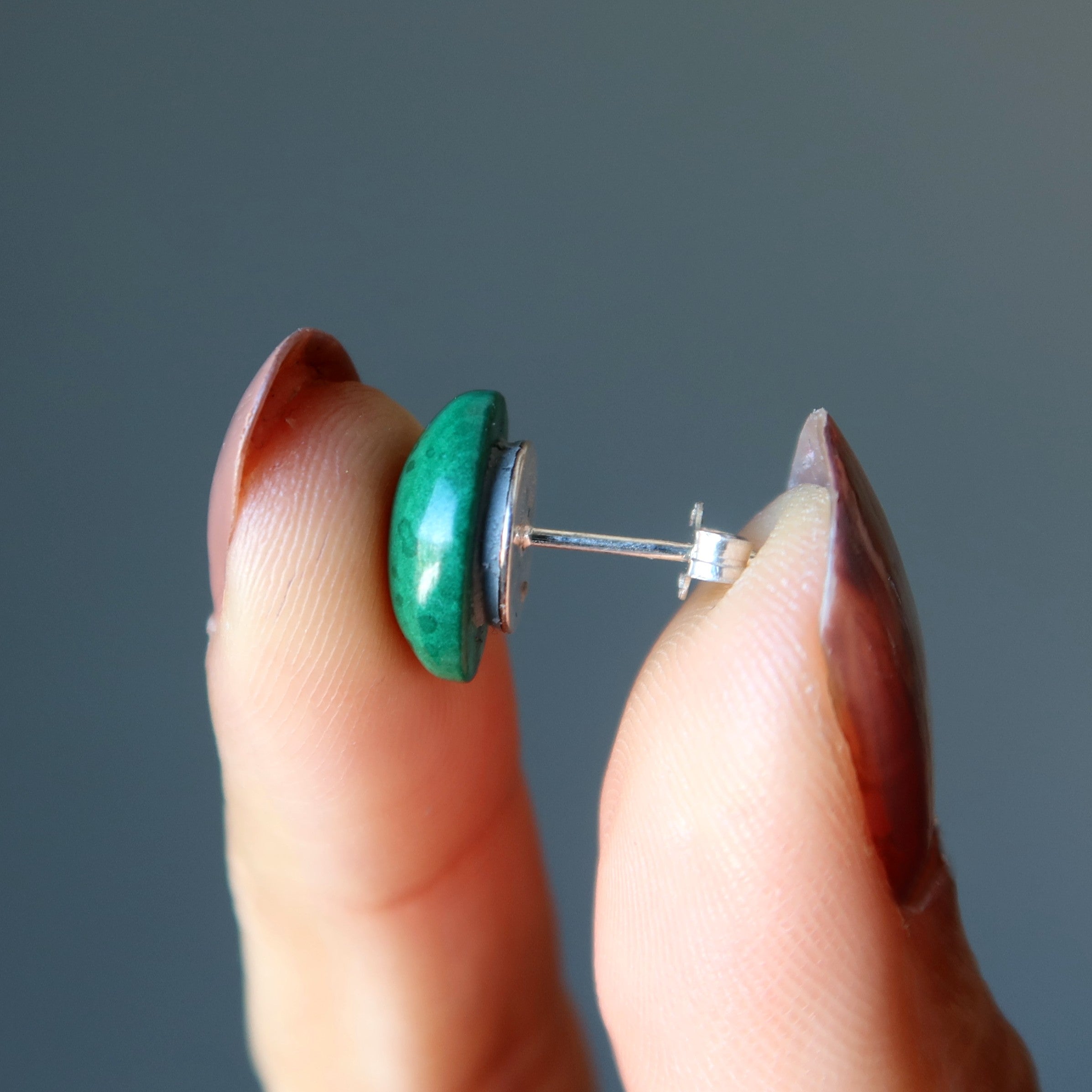 Malachite Earrings Power Stone Oval Studs Sterling Silver