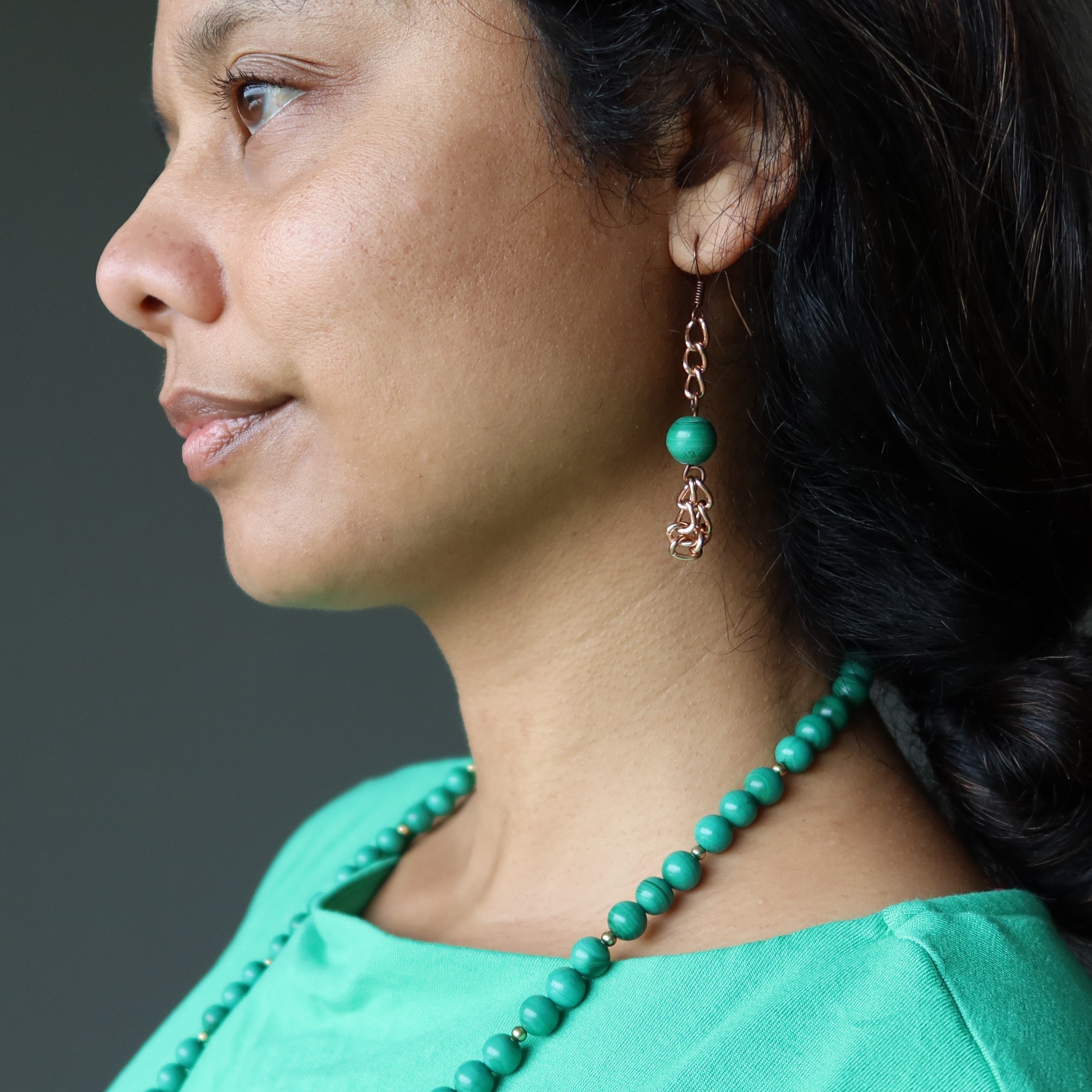 Boucles d'oreilles malachite Pierre de confiance Chaîne en cuivre