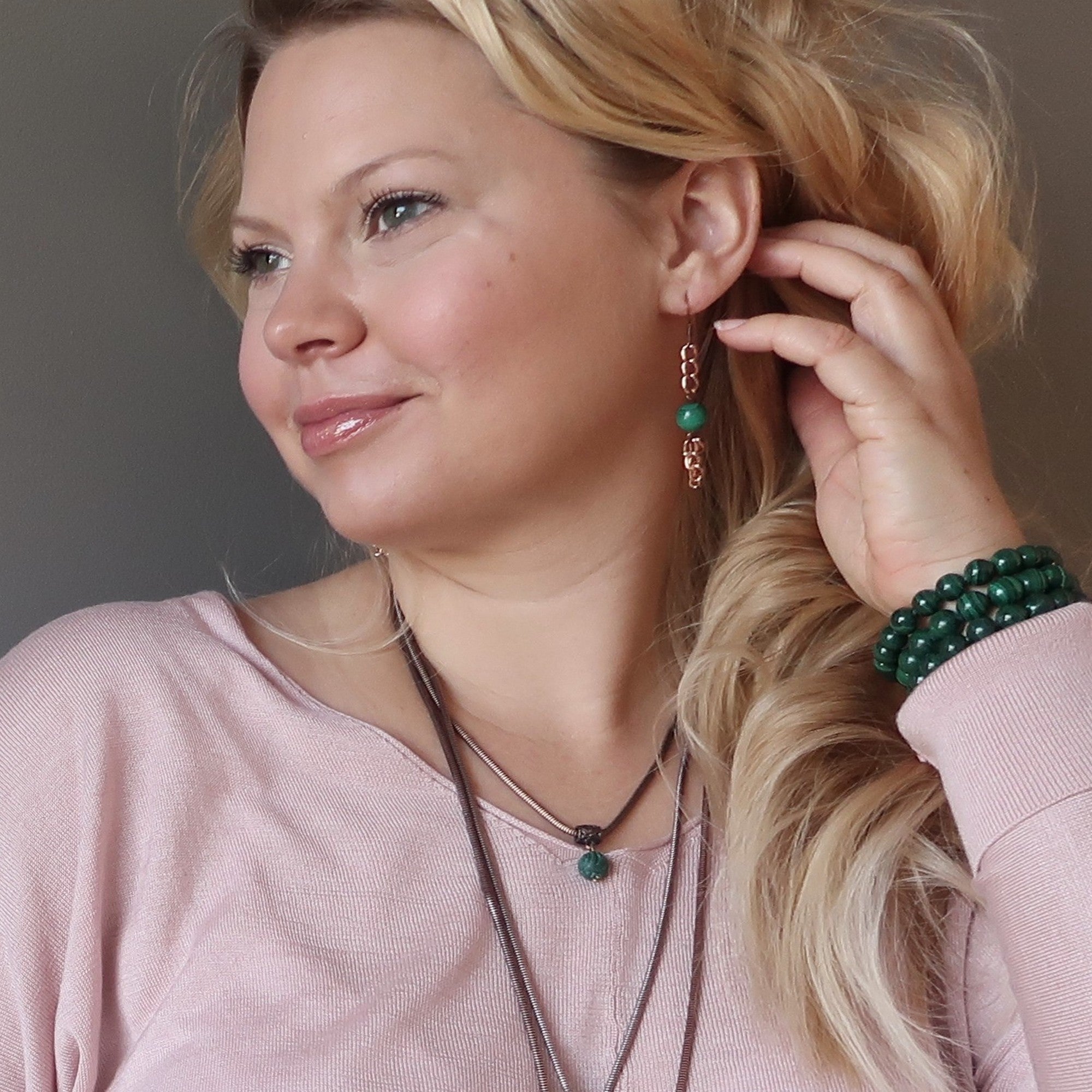 Boucles d'oreilles malachite Pierre de confiance Chaîne en cuivre