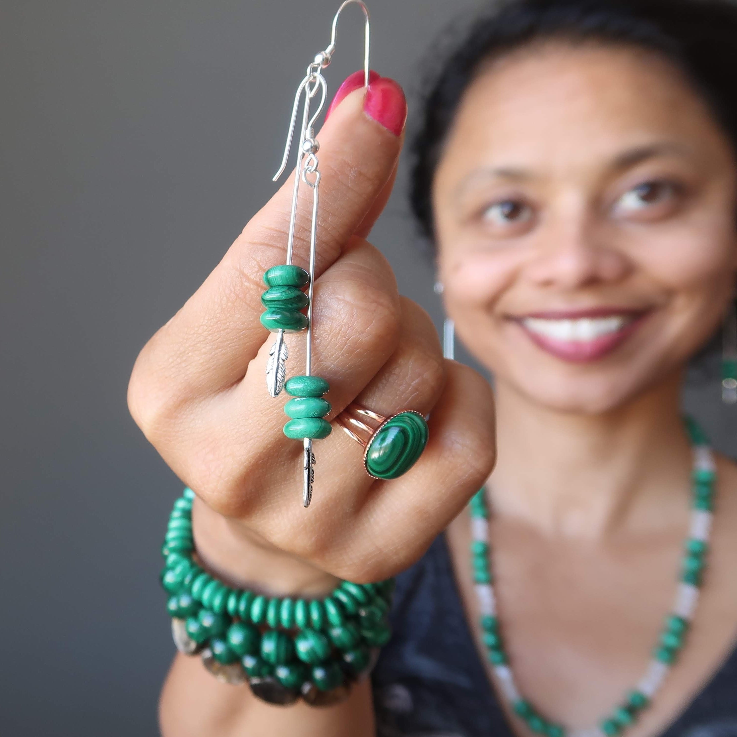 Malachite Earrings Flying High Sterling Silver Feather Green