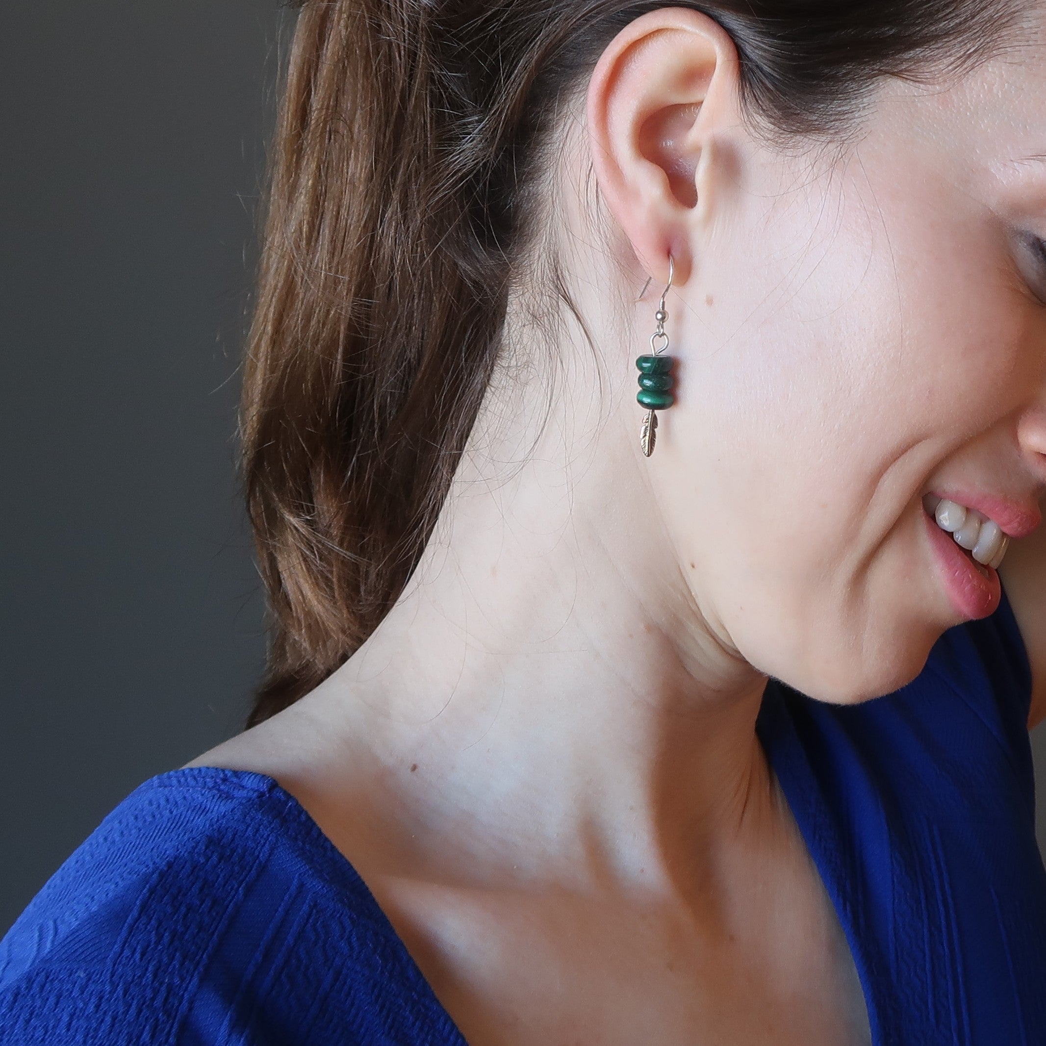 Malachite Earrings Flying High Sterling Silver Feather Green