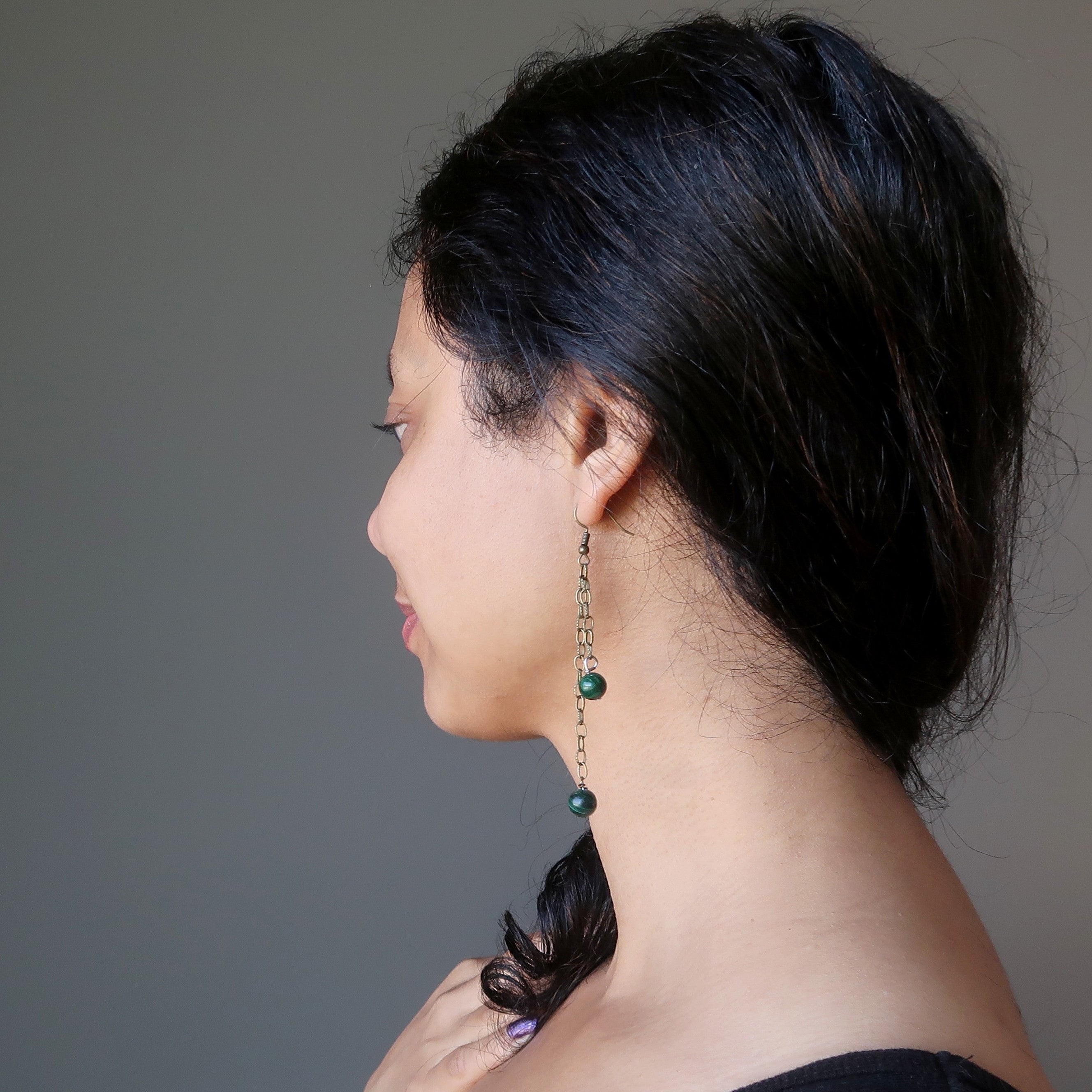 Boucles d'oreilles malachite Double Trouble longue chaîne