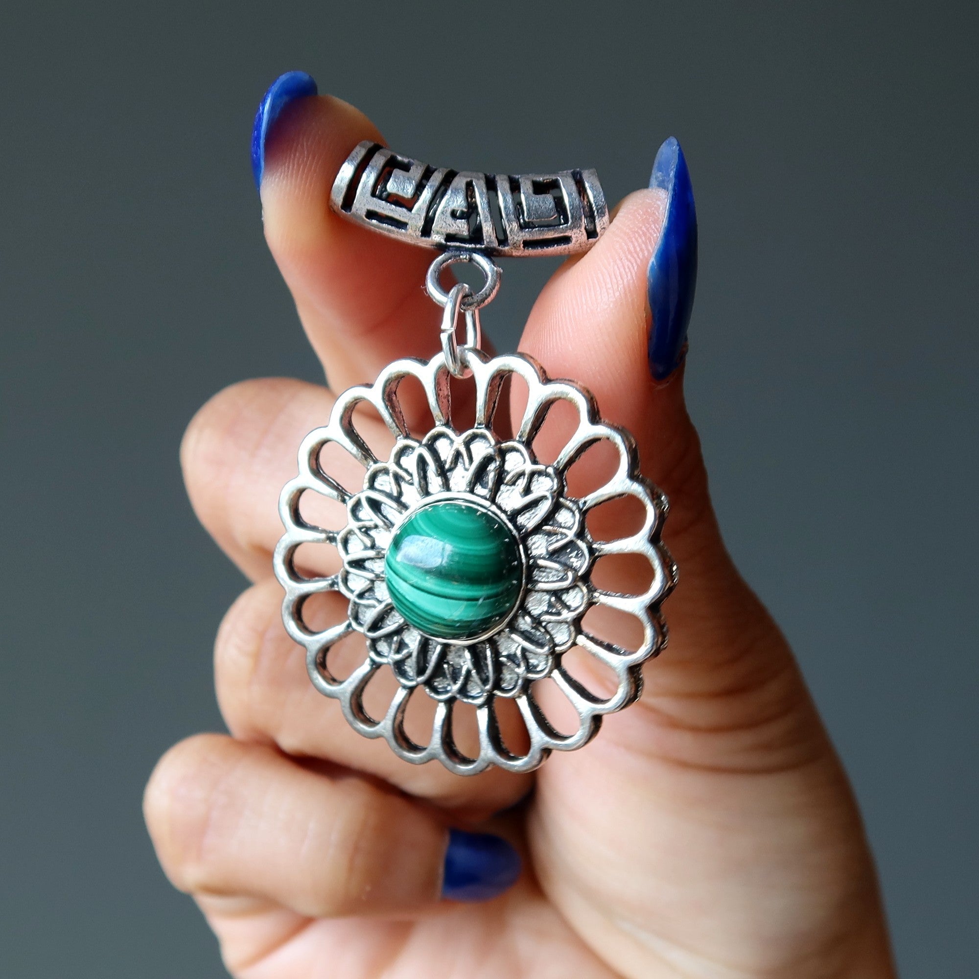 Malachite Pendant Flower Power Green Gemstone Silver
