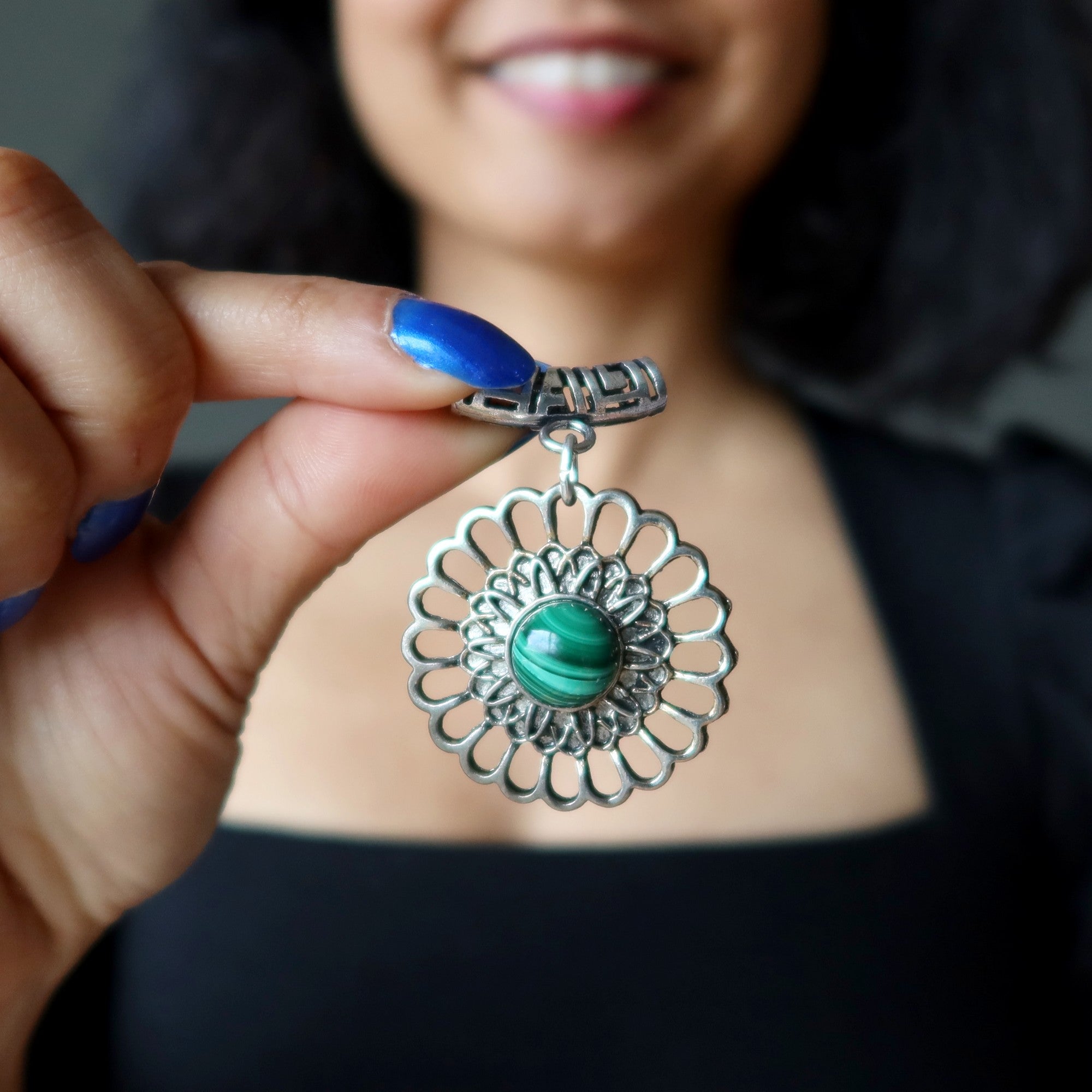 Malachite Pendant Flower Power Green Gemstone Silver