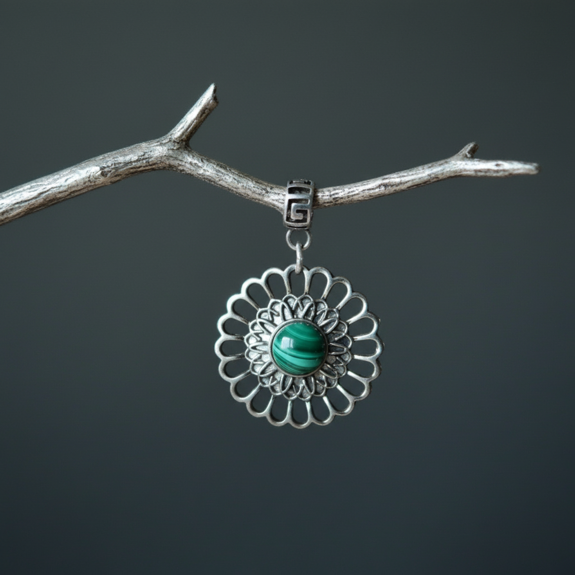 Malachite Pendant Flower Power Green Gemstone Silver