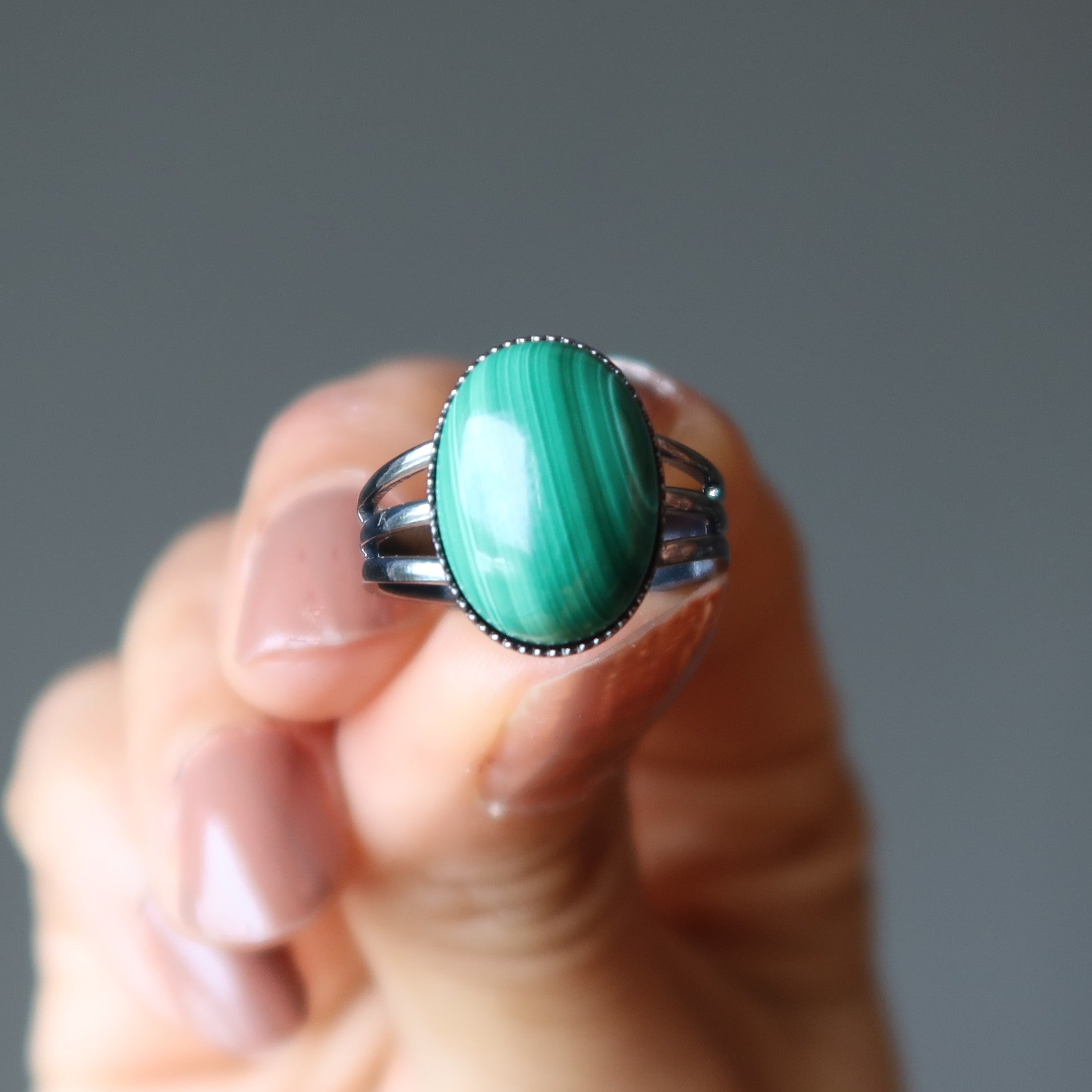 Malachite Ring Tough Gunmetal Adjustable