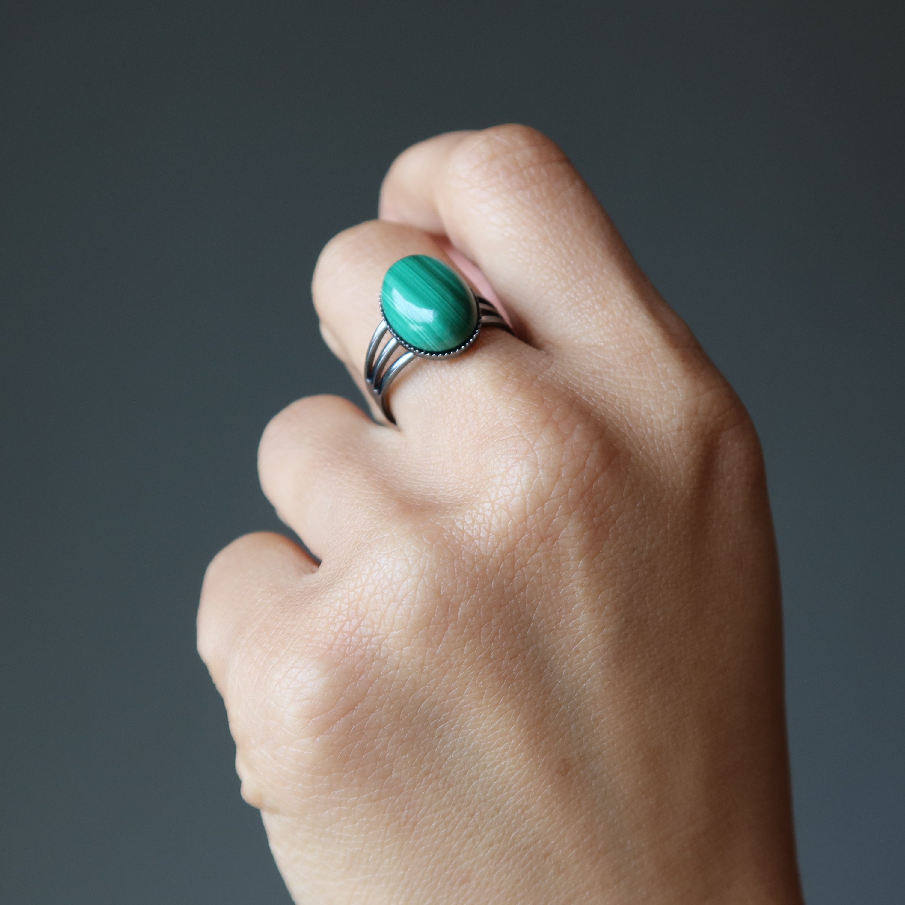 Malachite Ring Tough Gunmetal Adjustable