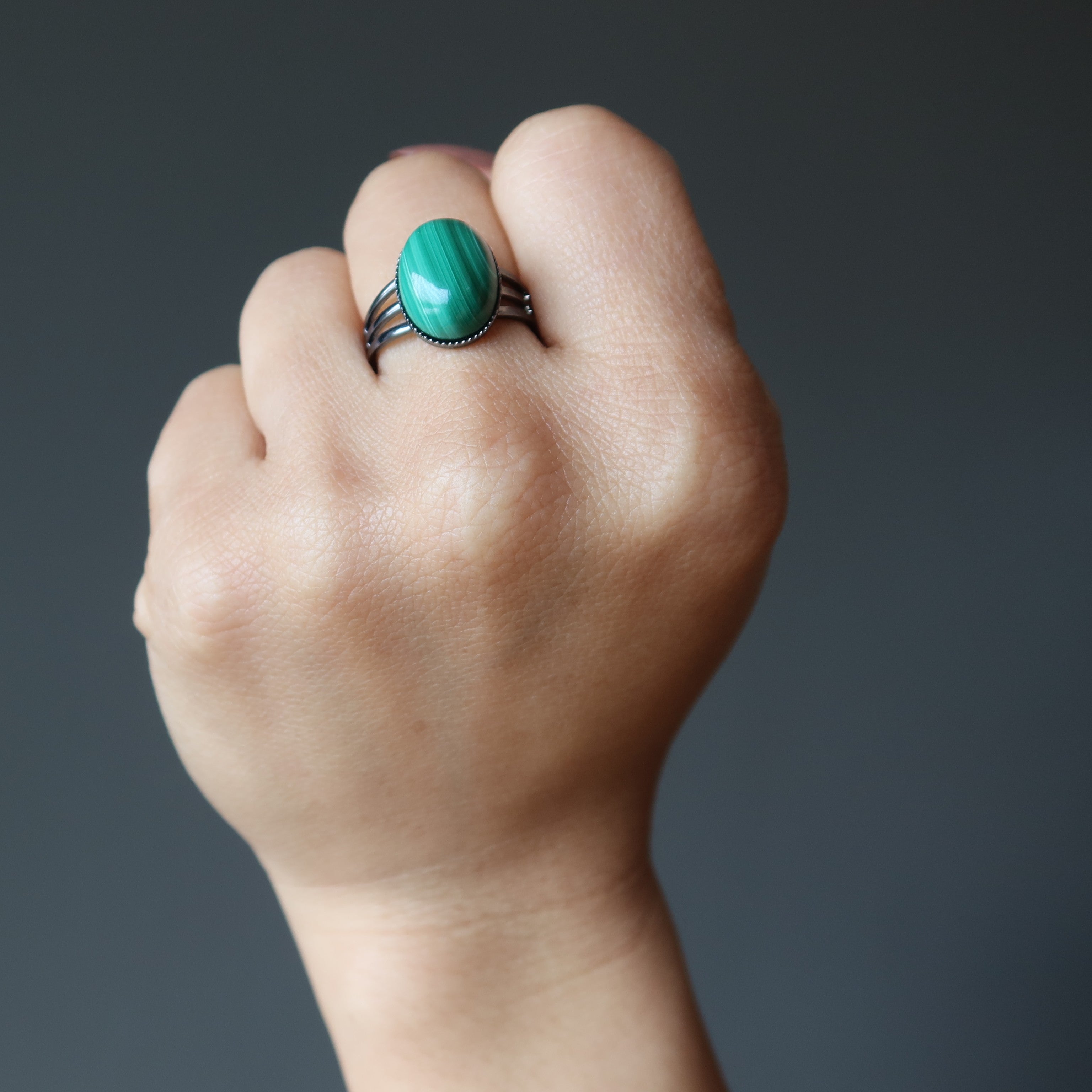 Malachite Ring Tough Gunmetal Adjustable
