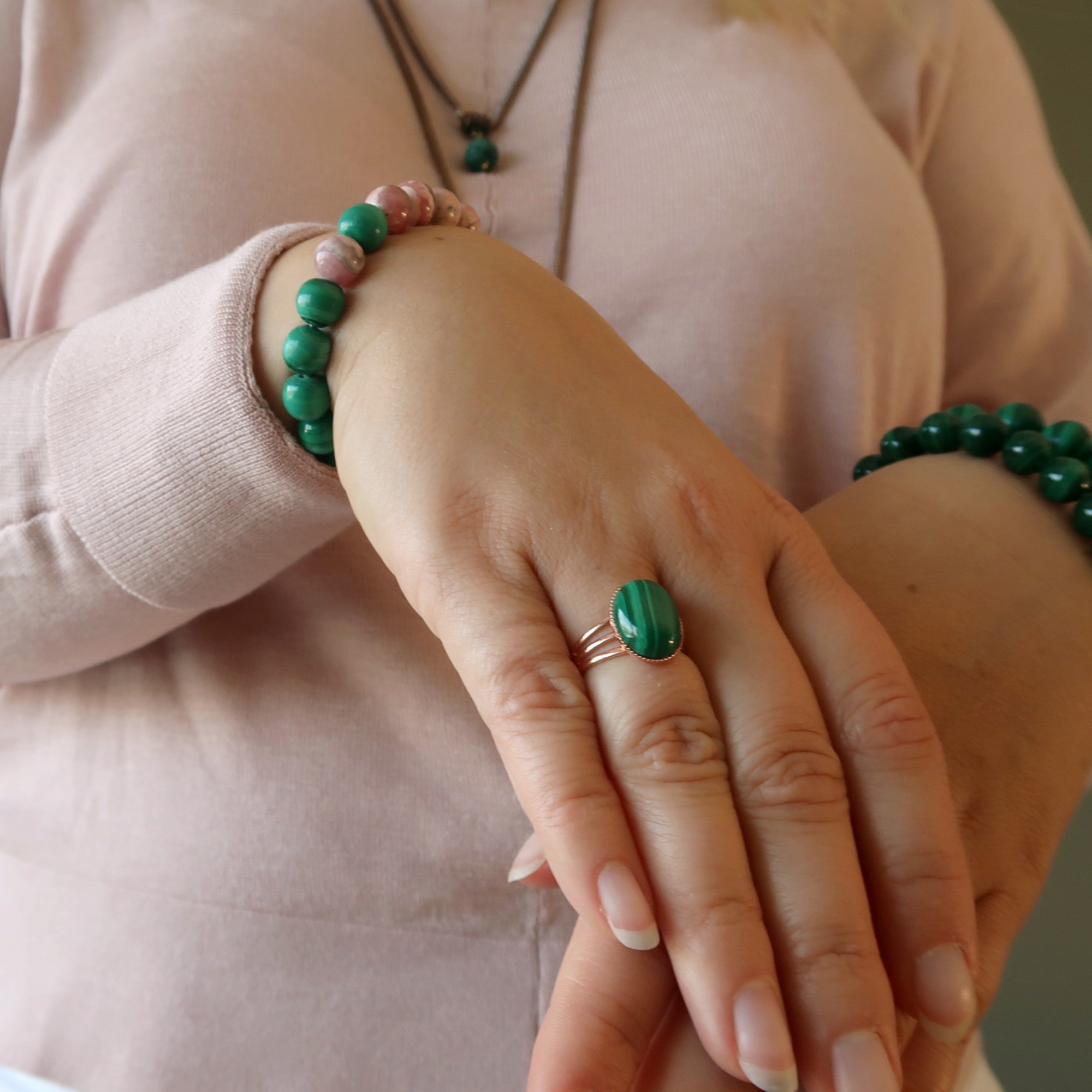Bague en Malachite Pierre d'Amour Réglable en Cuivre