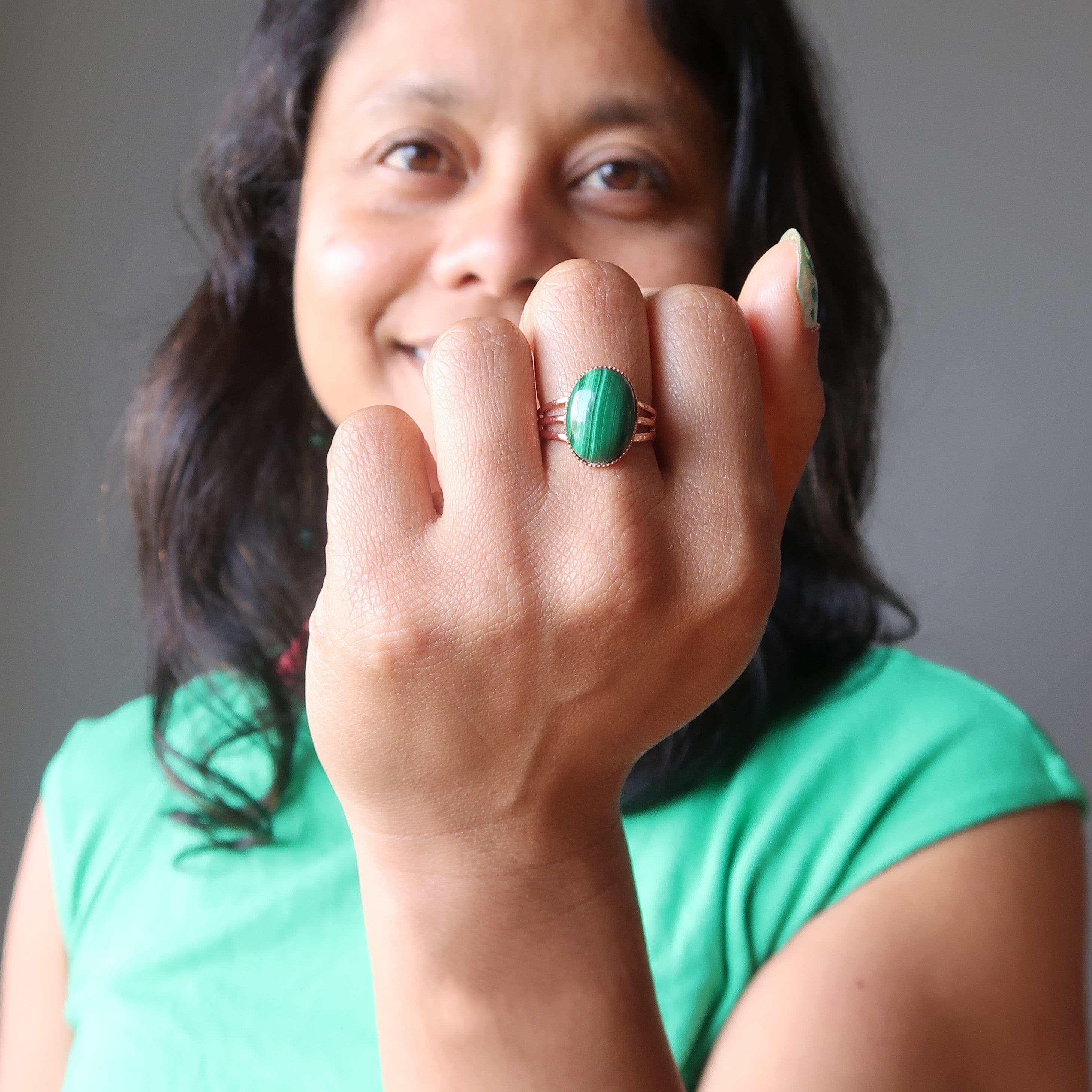 Bague en Malachite Pierre d'Amour Réglable en Cuivre