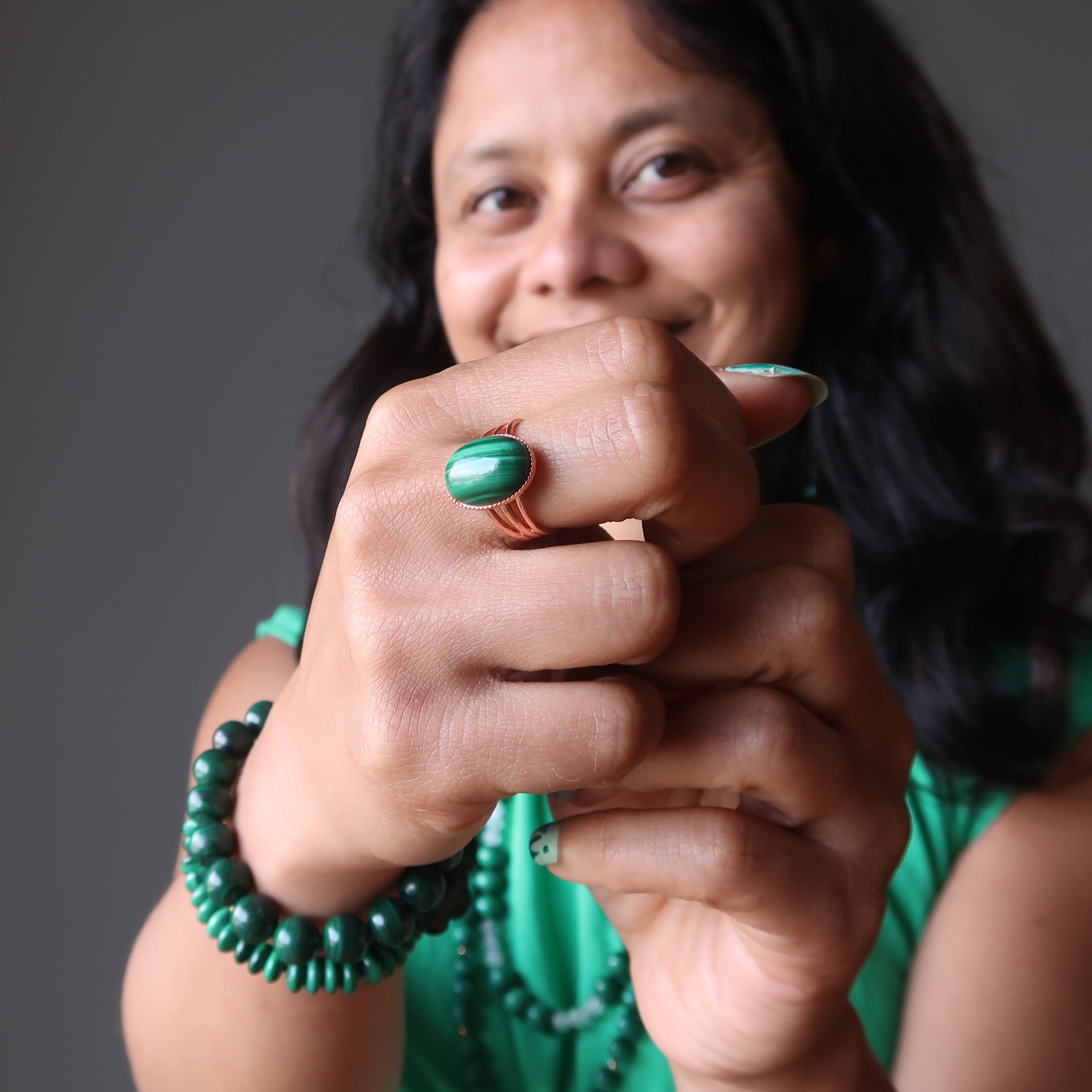 Bague en Malachite Pierre d'Amour Réglable en Cuivre